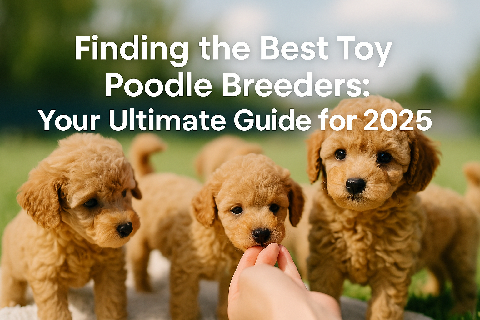 Professional landscape hero image (1536x1024) with bold text overlay: 'Finding the Best Toy Poodle Breeders: Your Ultimate Guide for 2025',
