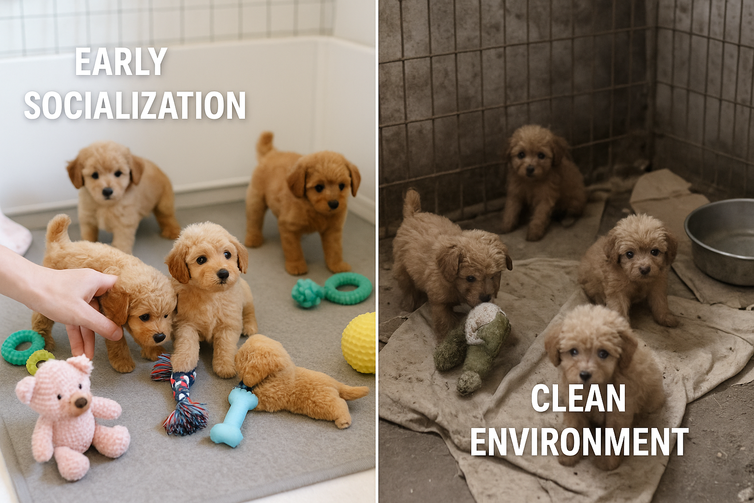 A split-screen composition (1536x1024) contrasting a reputable toy poodle breeder's clean, well-organized whelping area (left side) with hap