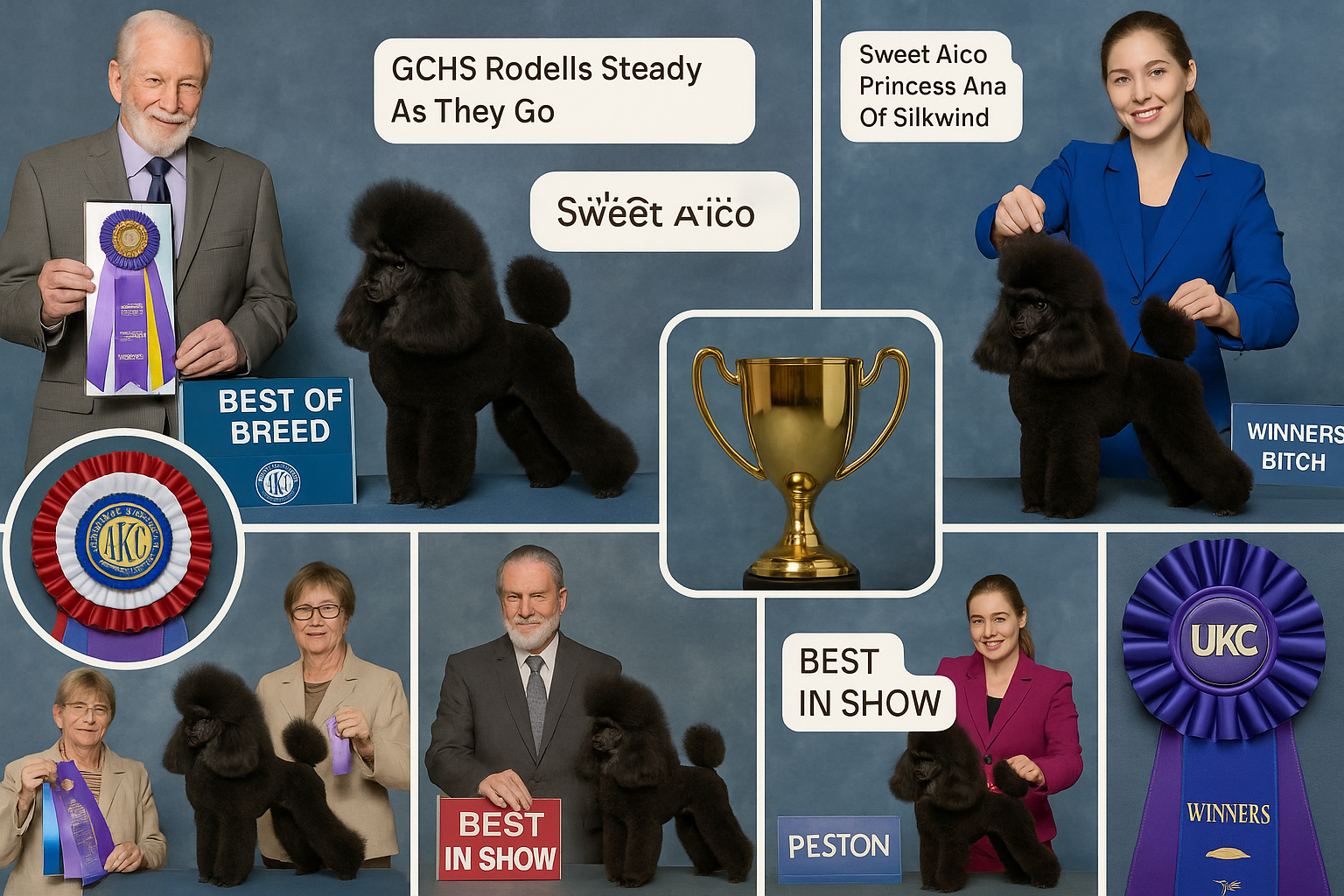 A collage or montage (1536x1024) featuring triumphant moments from AKC and UKC dog shows where toy poodles have excelled. Include images of