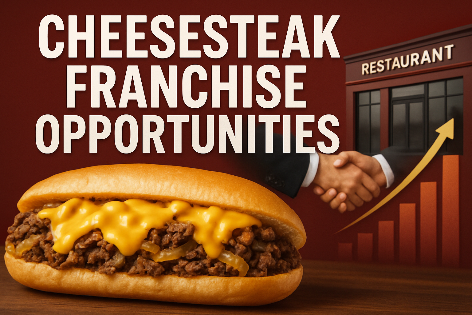 Professional landscape hero image (1536x1024) featuring bold text overlay 'CHEESESTEAK FRANCHISE OPPORTUNITIES' in extra large 70pt white sa