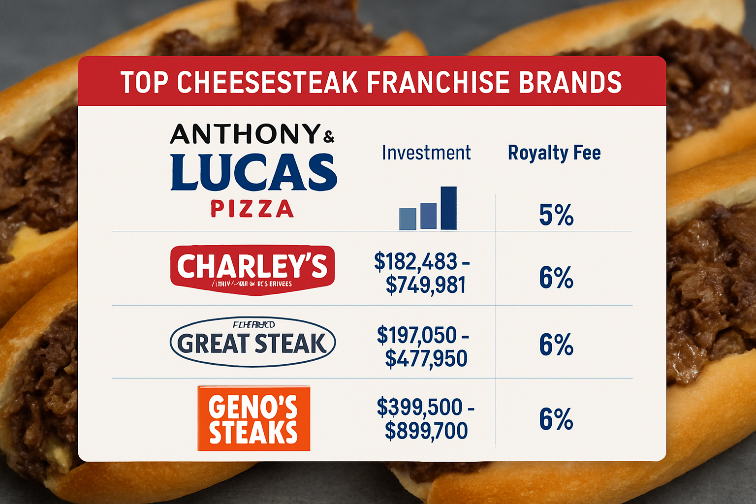 Detailed landscape image (1536x1024) showing comparison chart of top cheesesteak franchise brands with Anthony & Lucas Pizza prominently fea