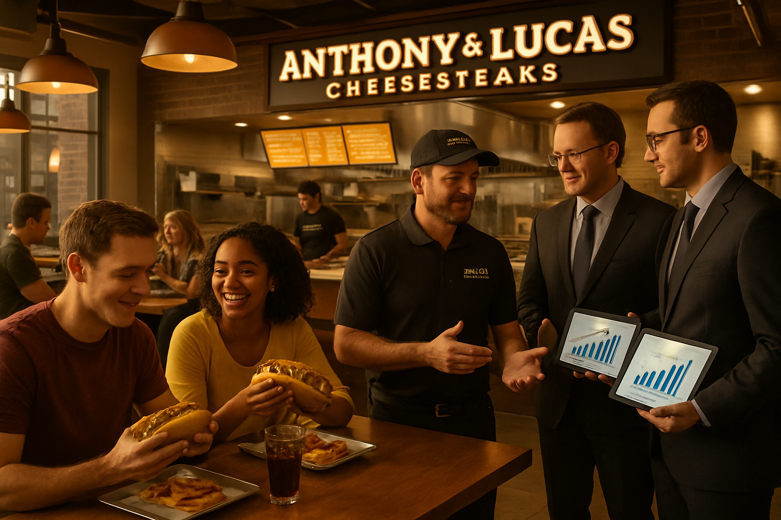 High-quality landscape image (1536x1024) depicting successful cheesesteak franchise restaurant interior with customers enjoying authentic Ph