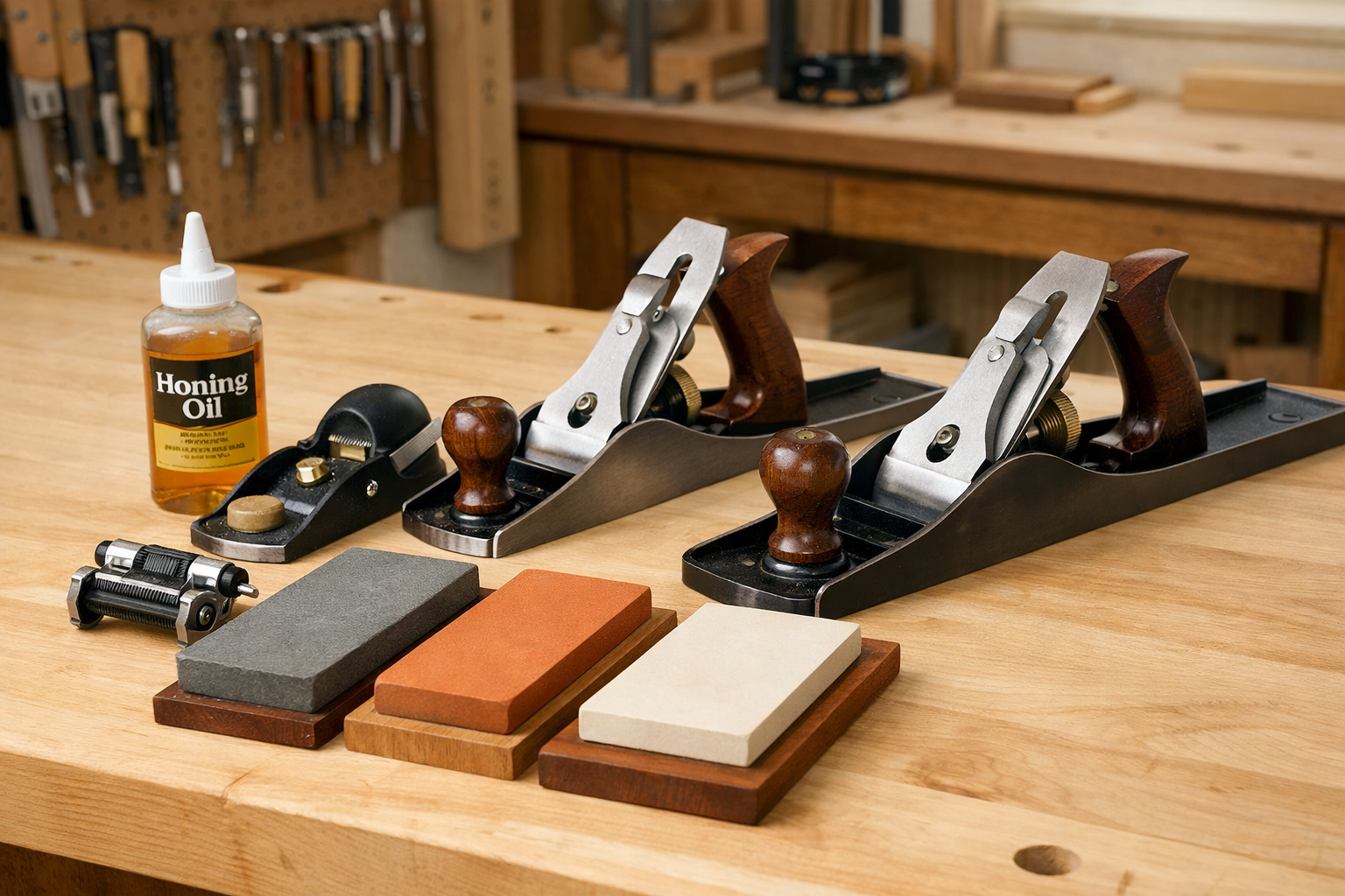 Detailed () image illustrating a diverse collection of essential hand planes laid out neatly on a clean, light-colored