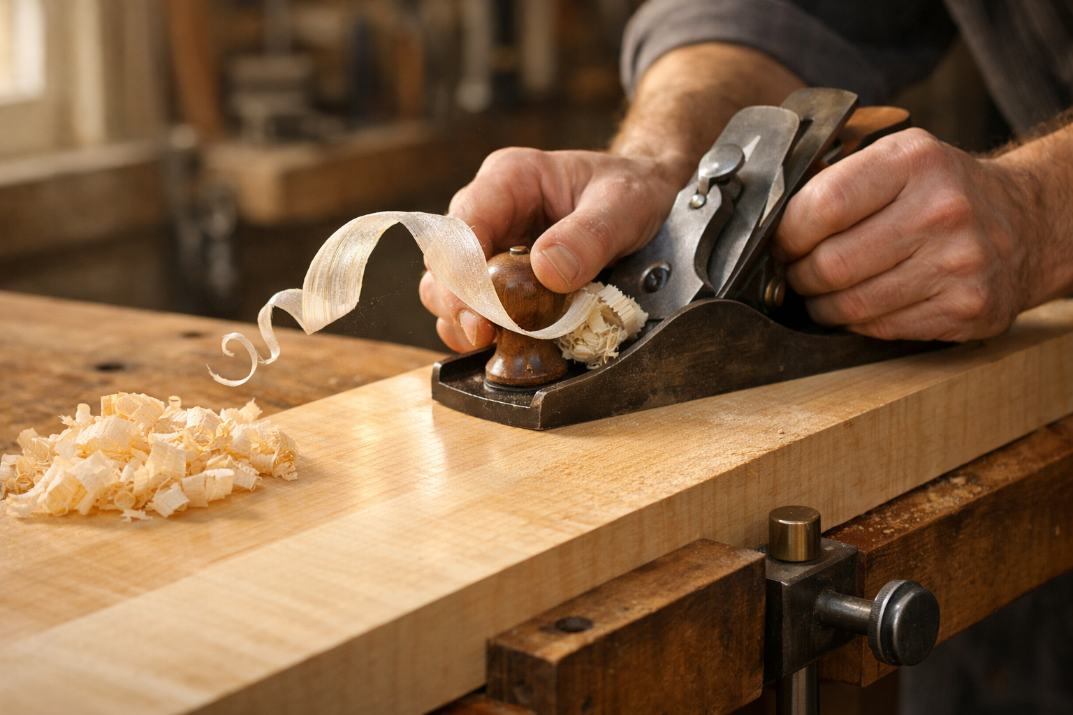 Detailed () image depicting a woodworker's hands guiding a smoothing plane across a piece of maple, generating a