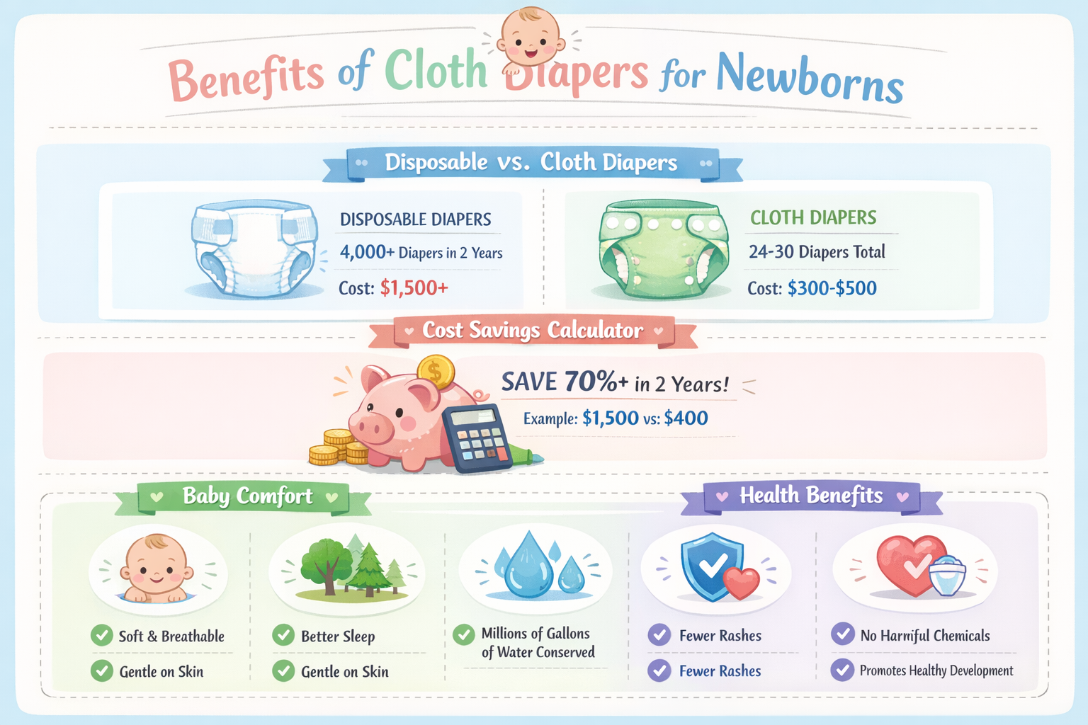 Detailed infographic showing cloth diaper benefits for newborns with visual comparison chart - disposable vs cloth diapers side by side, cos