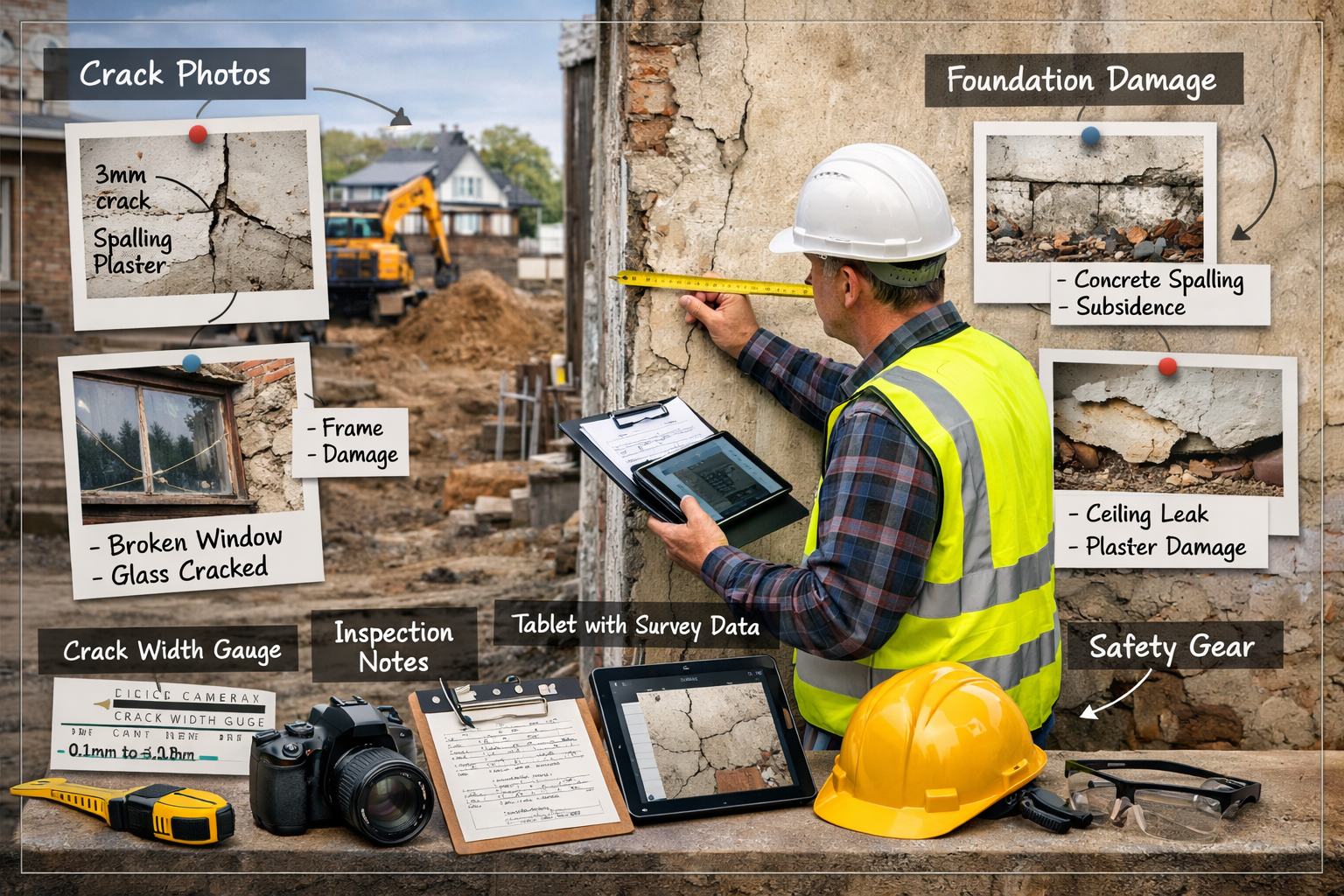 Landscape format (1536x1024) detailed illustration showing dilapidation survey documentation process with surveyor in high-visibility vest e