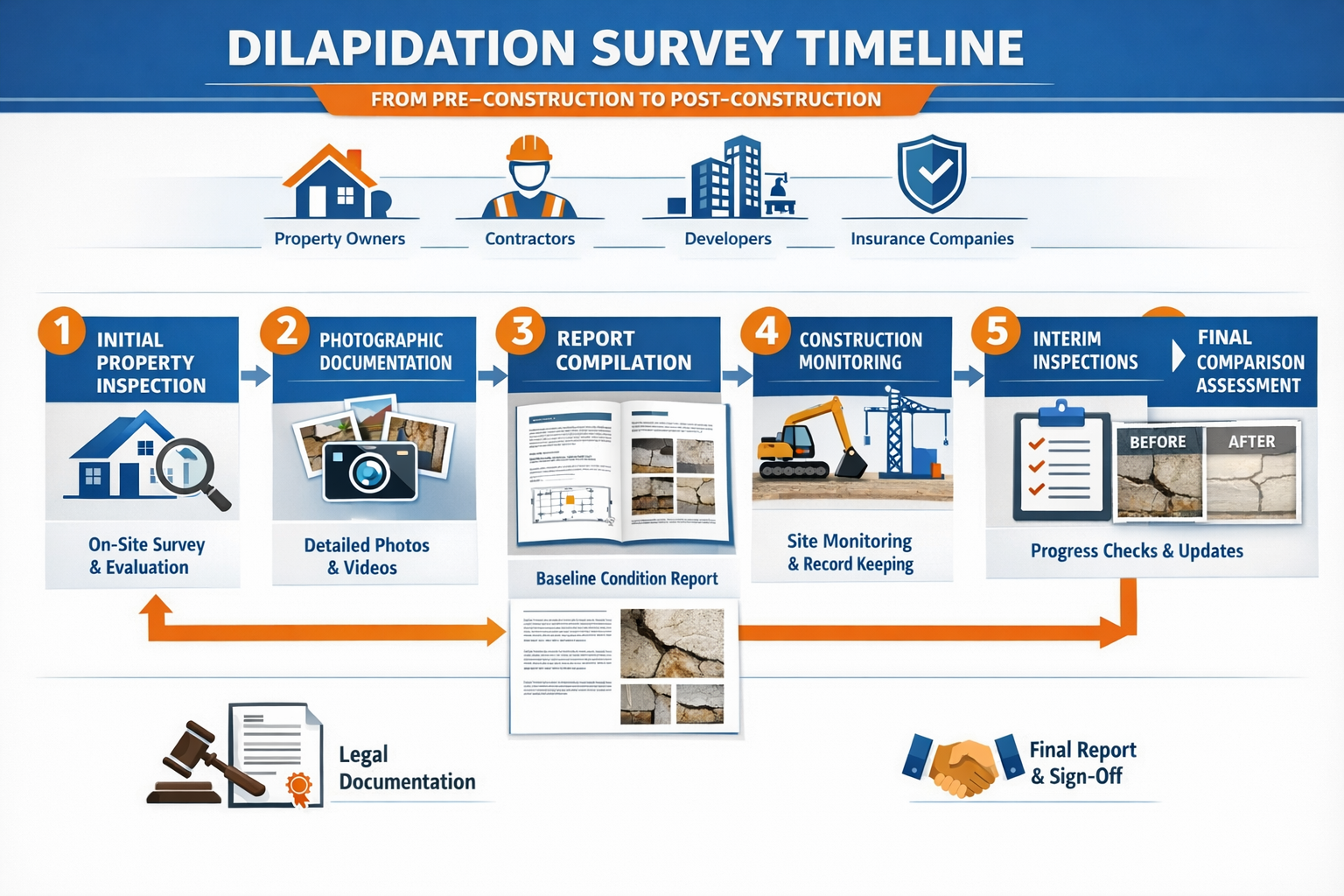 Landscape format (1536x1024) comprehensive infographic displaying dilapidation survey timeline and key stages from pre-construction baseline