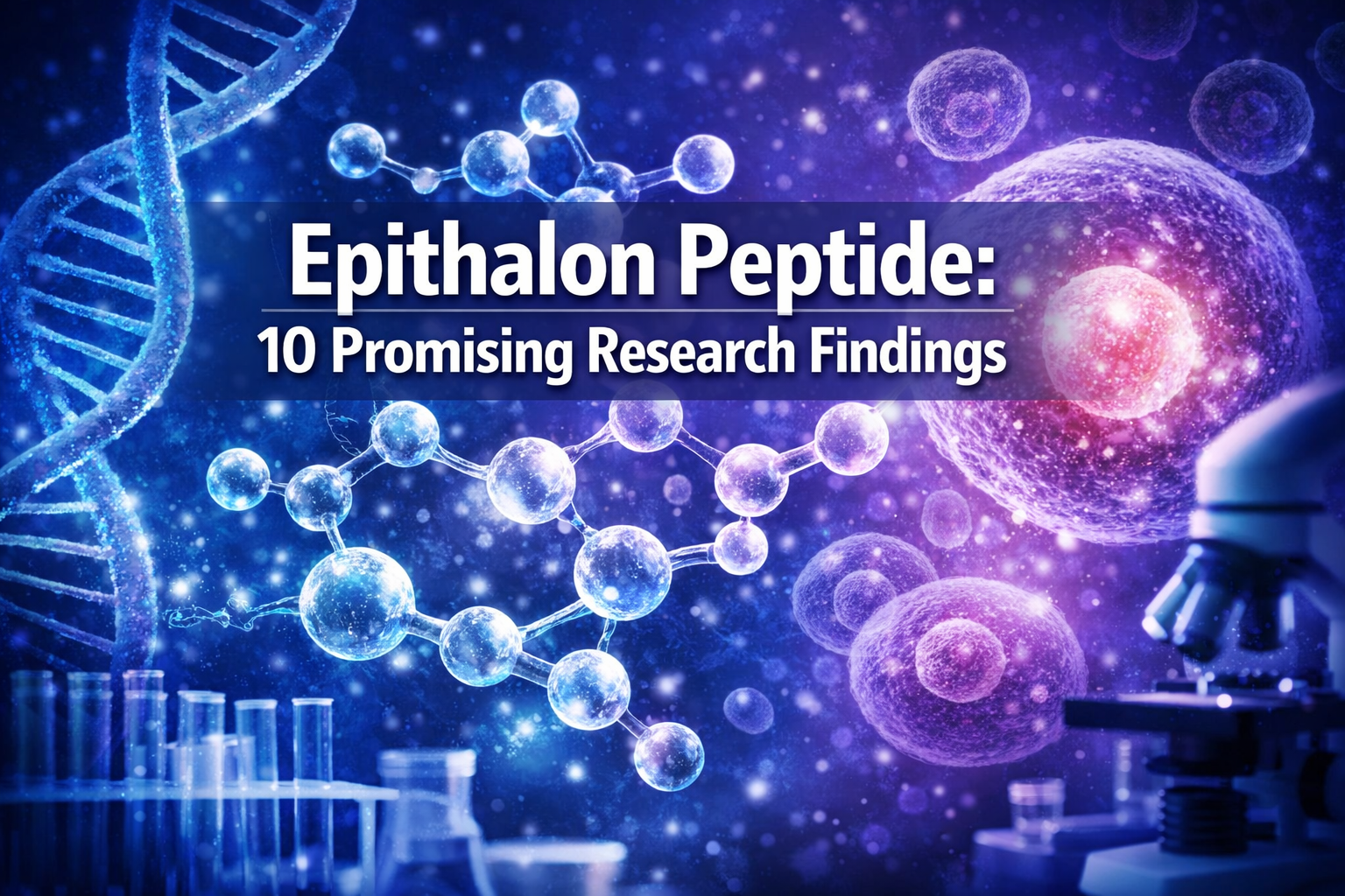 Professional landscape hero image (1536x1024) featuring bold text overlay 'Epithalon Peptide: 10 Promising Research Findings' in extra large