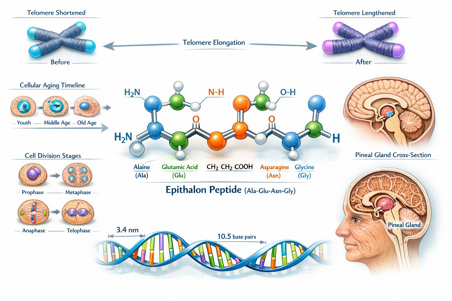 Detailed scientific illustration (1536x1024) showing Epithalon peptide molecular structure in 3D rendering with four amino acids (Alanine-Gl