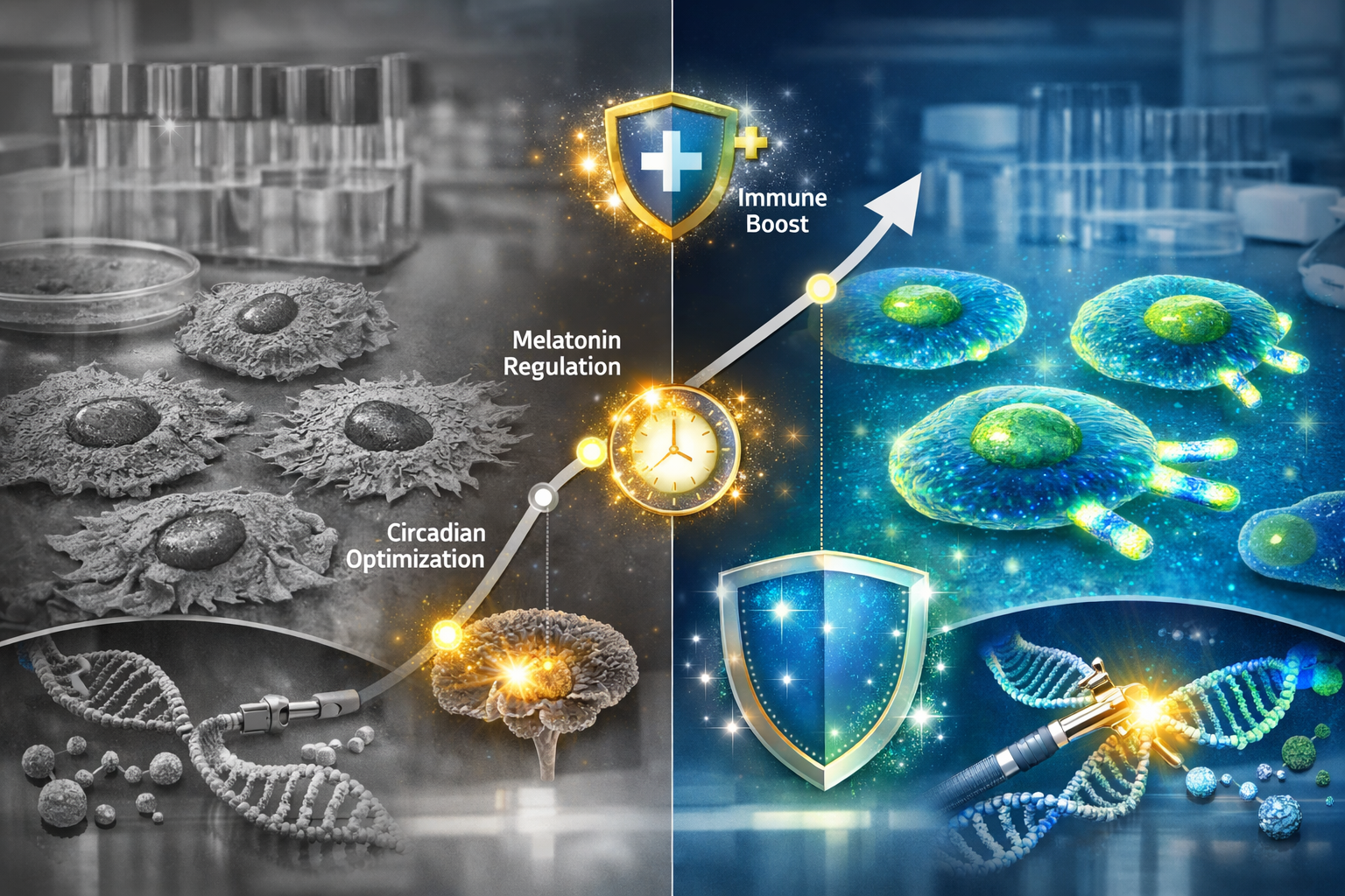 High-quality editorial landscape image (1536x1024) depicting longevity research concepts with split-screen comparison showing cellular aging
