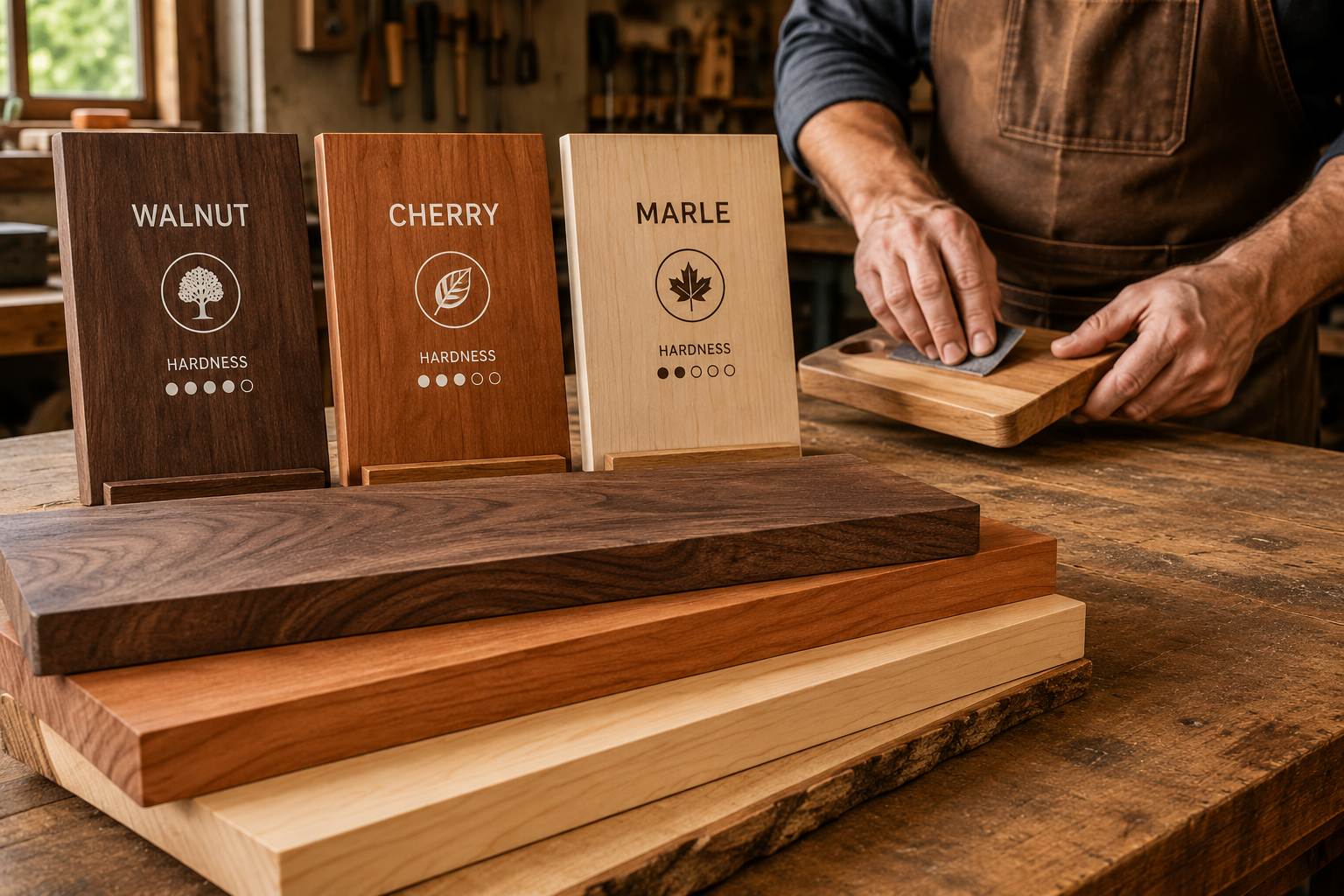 A beautifully composed landscape image () showcasing three different types of wood commonly used for cutting boards: a rich