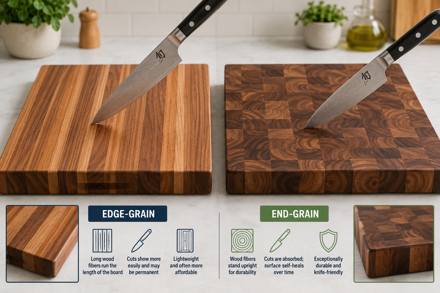 A detailed landscape image () illustrating the distinct differences between edge-grain and end-grain cutting board