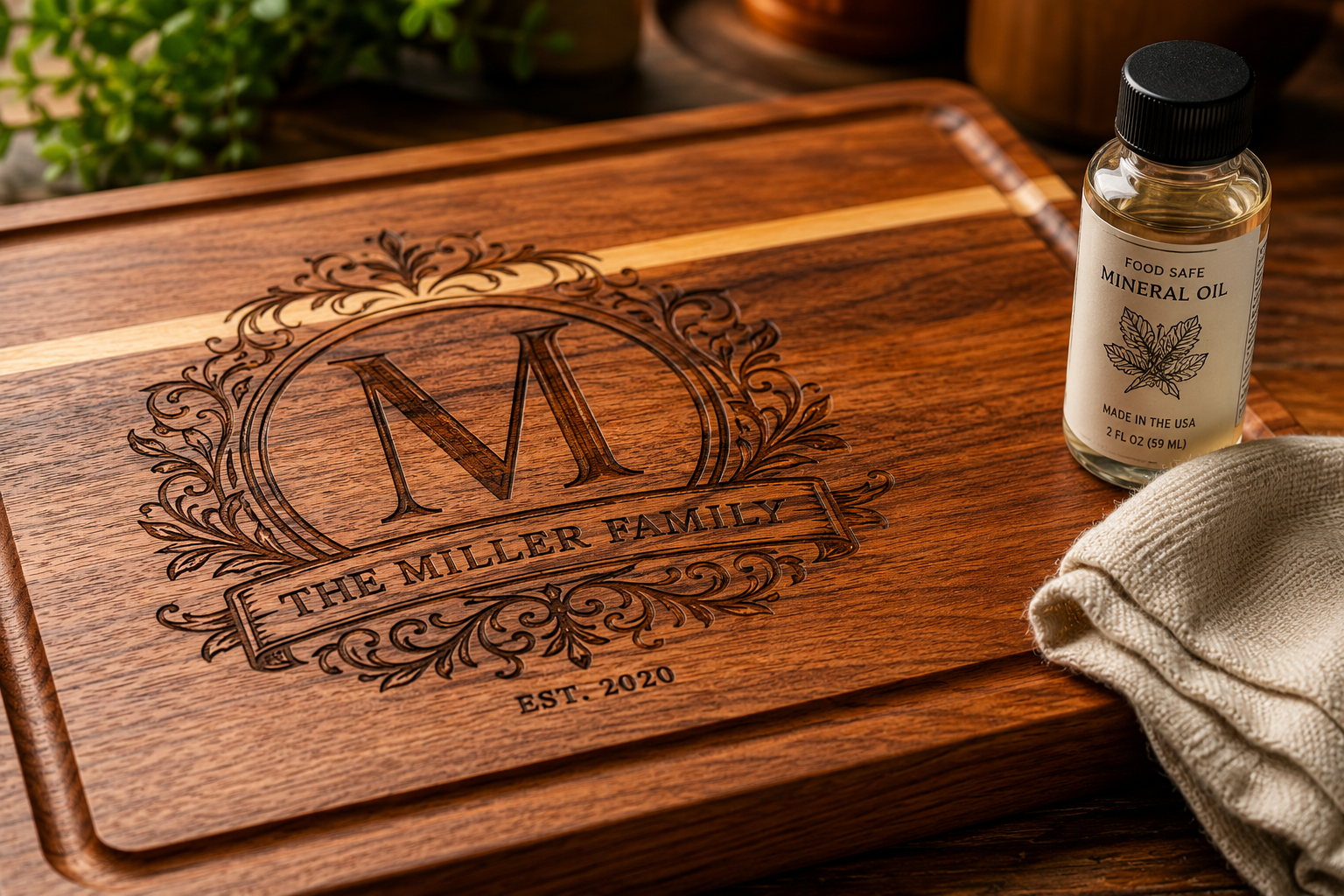 A vibrant, close-up landscape image () featuring a section of a custom engraved cutting board with intricate laser-etched