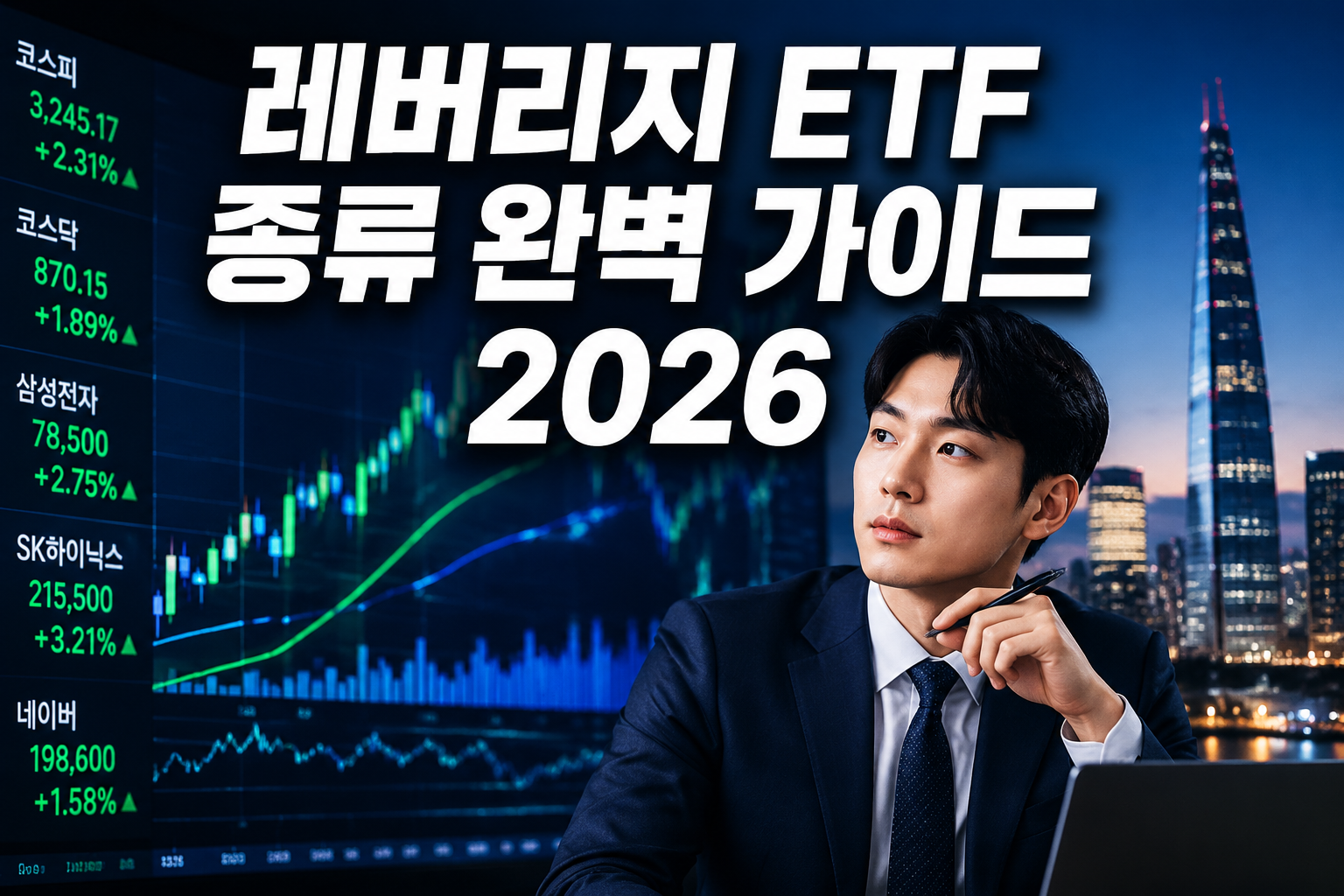 Professional () hero image with Korean '레버리지 ETF 종류 완벽 가이드 2026' in extra large white with dark , centered upper-third