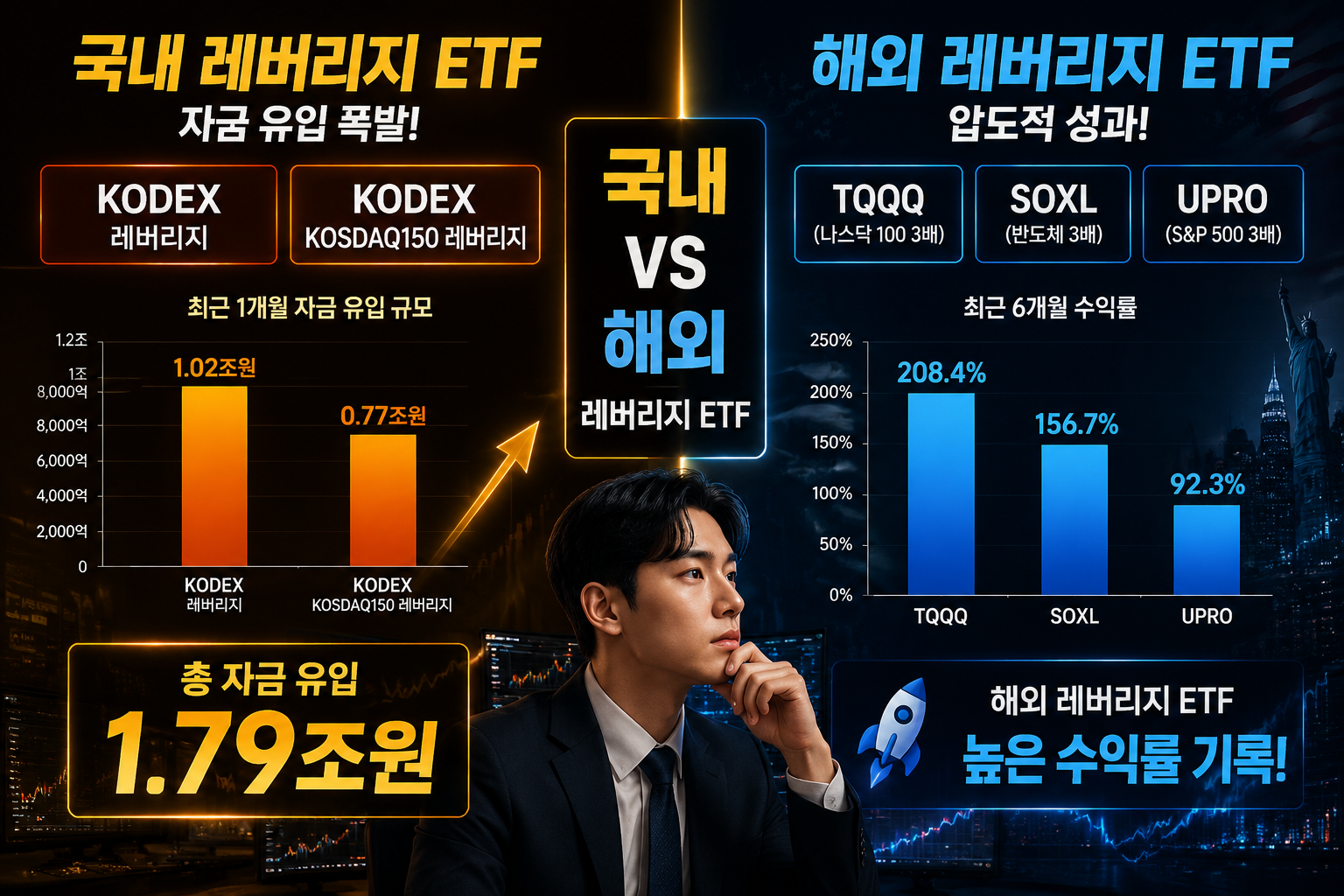 () split-screen comparison visual: left side shows Korean domestic leveraged ETFs (KODEX 레버리지, KODEX KOSDAQ150 레버리지) with