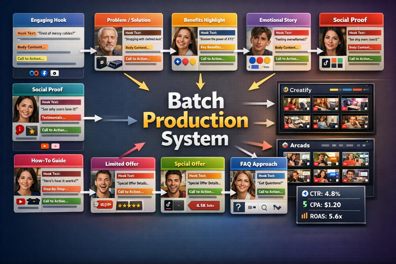 Detailed landscape format (1536x1024) image showing eight distinct prompt template cards arranged in organized grid layout on dark gradient