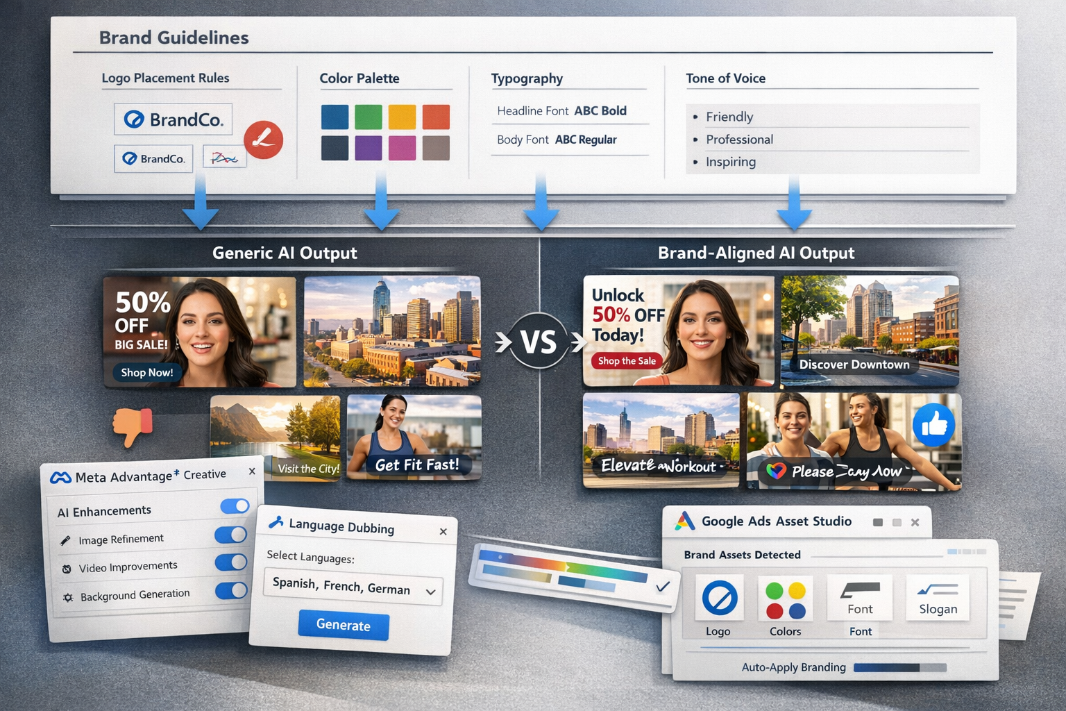 Detailed landscape format (1536x1024) image illustrating brand alignment workflow for AI video generation. Split composition: top half shows