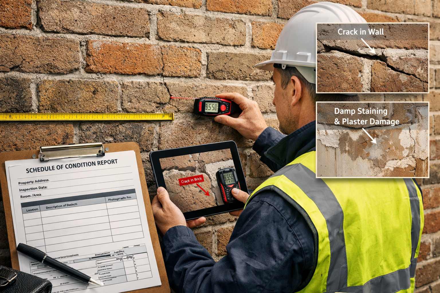 () detailed image showing professional surveyor in high-visibility vest conducting party wall schedule of condition