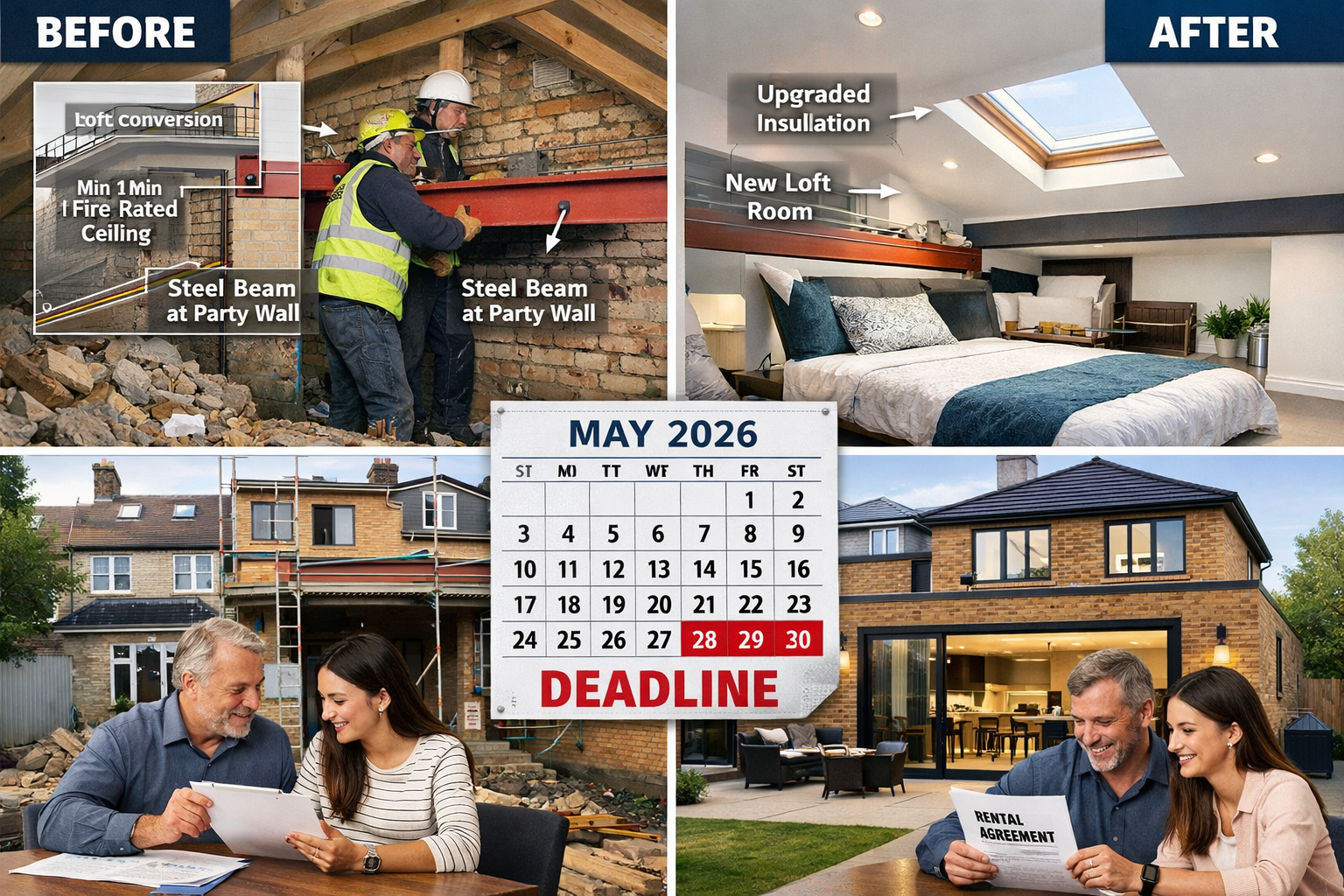 () image depicting side-by-side comparison of loft conversion and rear extension work on rental properties, split-screen