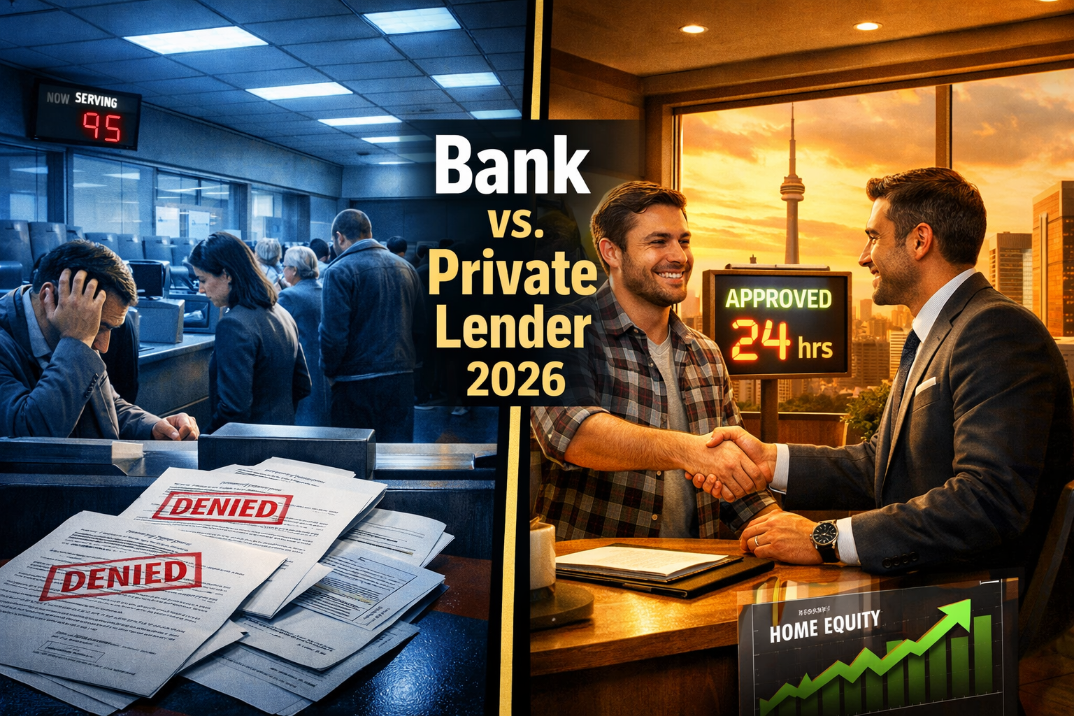 Dramatic split-screen landscape image () comparing two contrasting scenes side by side: LEFT side shows a traditional bank