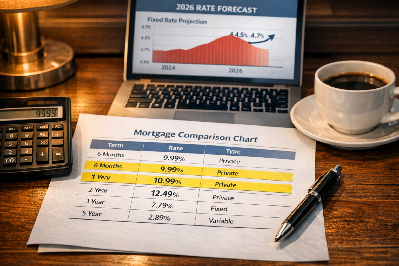 Close-up landscape image () of a Toronto real estate investor's desk showing a detailed mortgage comparison table printed on