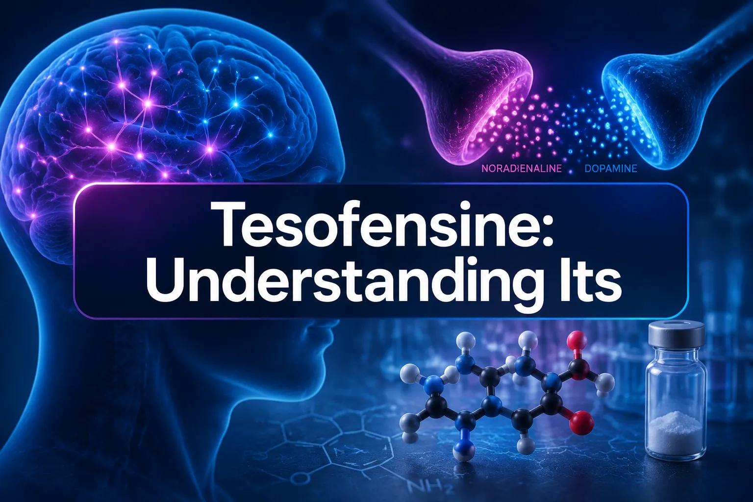 Professional landscape hero image () with a reading "Tesofensine: Understanding Its". CRITICAL TYPOGRAPHY RULES: render the