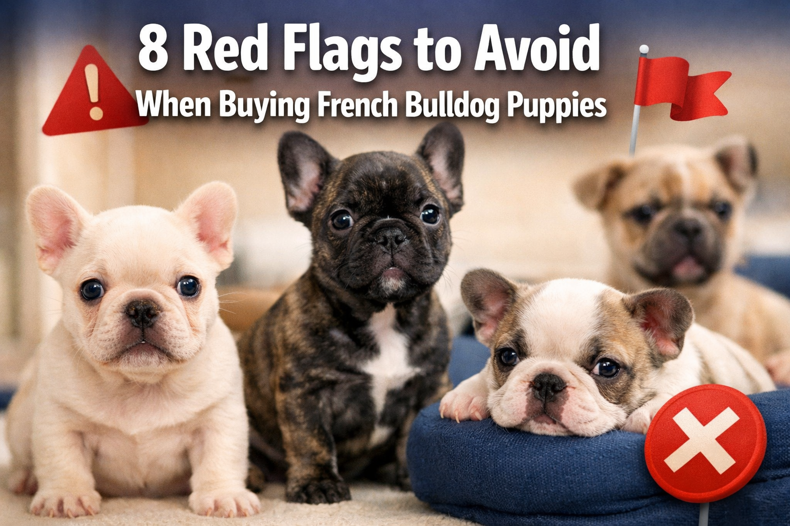 Professional landscape format (1536x1024) hero image featuring bold text overlay '8 Red Flags to Avoid When Buying French Bulldog Puppies' i