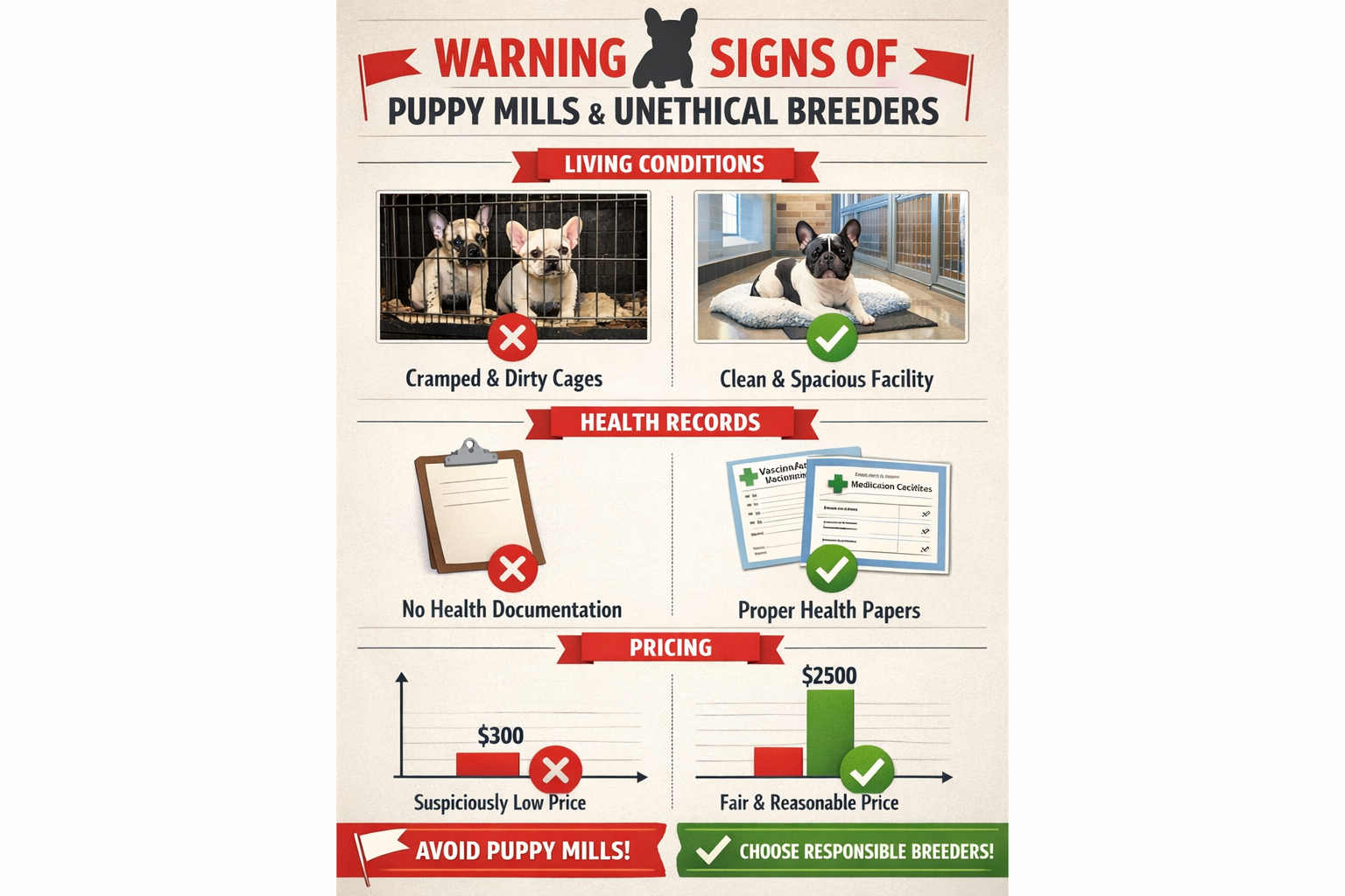 Portrait format (1024x1536) infographic showing warning signs of puppy mills and unethical breeders. Visual elements include red warning fla