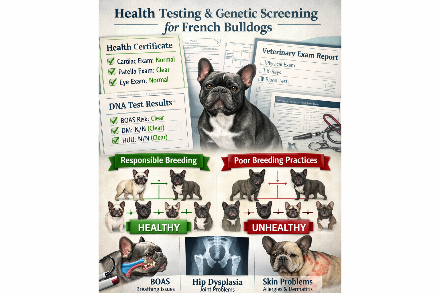 Portrait format (1024x1536) educational illustration depicting health testing documentation and genetic screening for French Bulldogs. Shows