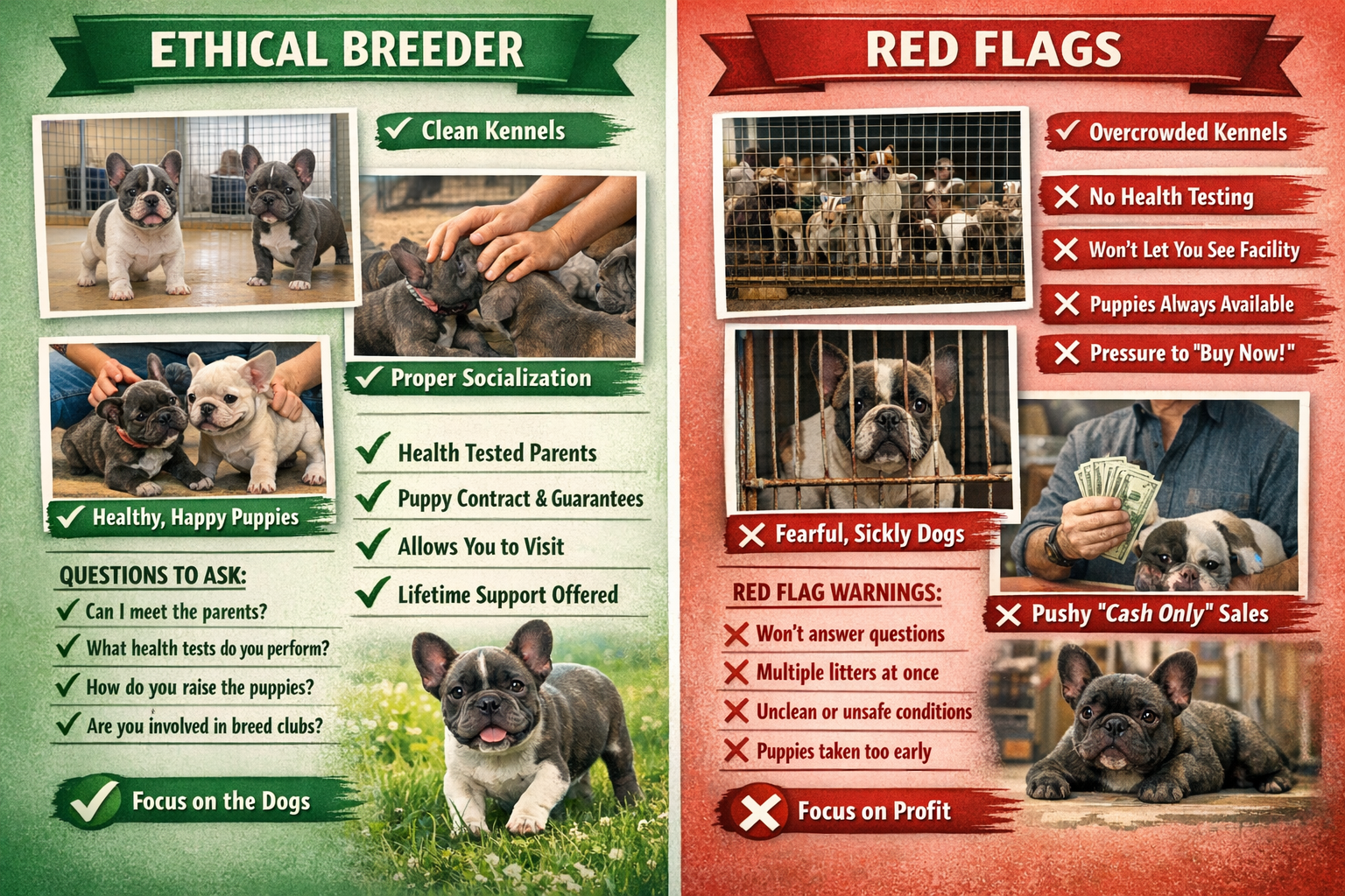 Portrait format (1024x1536) comprehensive guide showing ethical breeder characteristics vs red flags. Split-screen design comparing good bre