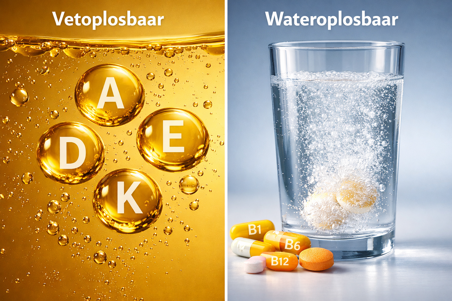Professional landscape photograph (1536x1024) depicting fat-soluble versus water-soluble vitamins concept. Left side shows oil droplets with