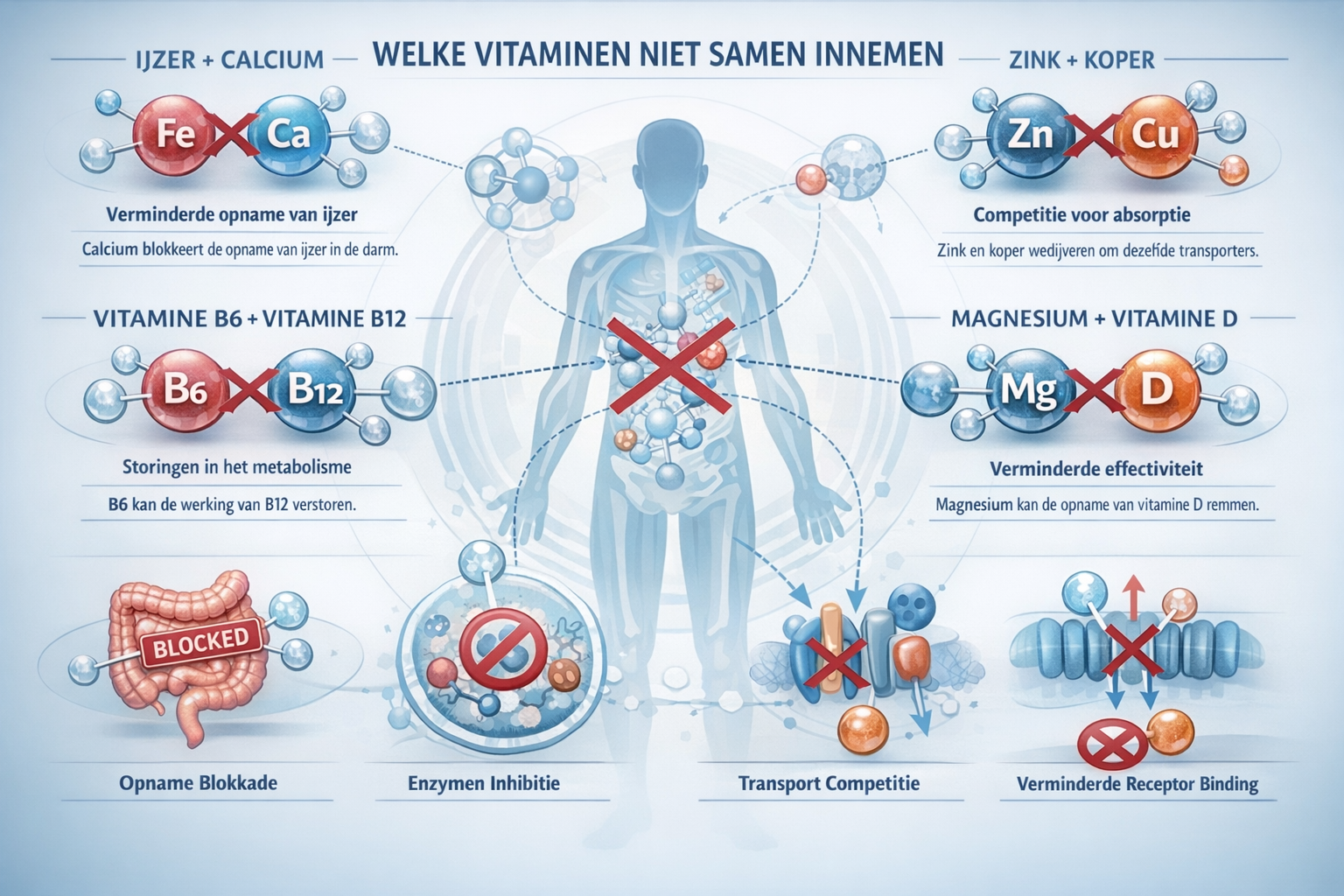 Detailed medical infographic visualizing vitamin interactions for 'Welke Vitaminen Niet Samen Innemen', featuring a central human silhouette