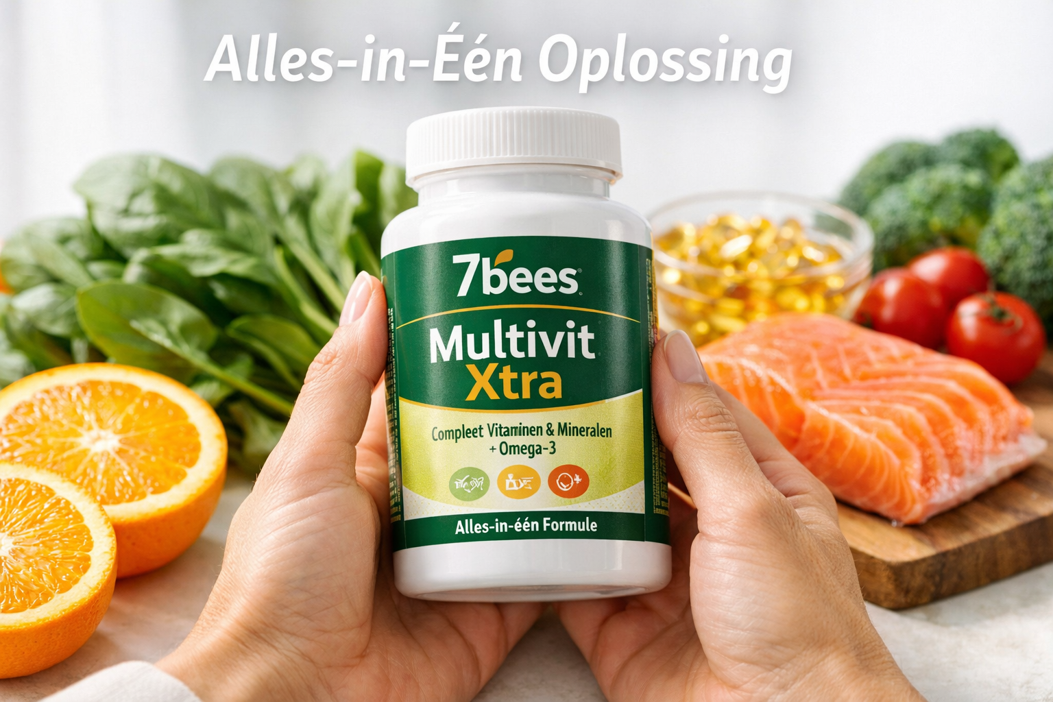 Close-up editorial photograph (1536x1024) of hands holding 7bees Multivit Xtra supplement bottle with various fresh fruits and vegetables ar