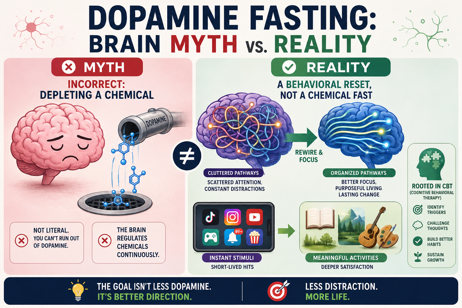 An infographic-style illustration in () titled 'Dopamine Fasting: Brain Myth vs. Reality'. On the left ('Myth'), a cartoon
