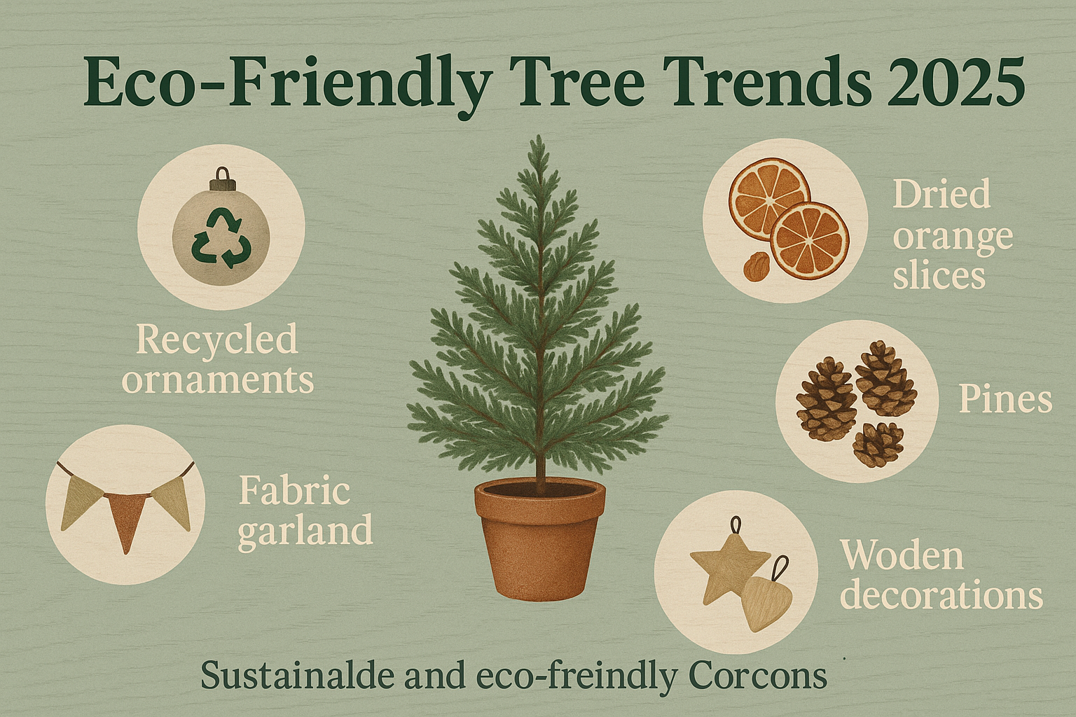 Professional landscape infographic (1536x1024) for section "Sustainable and Eco-Friendly Christmas Tree Ideas". Type: Illustrated Concept. S