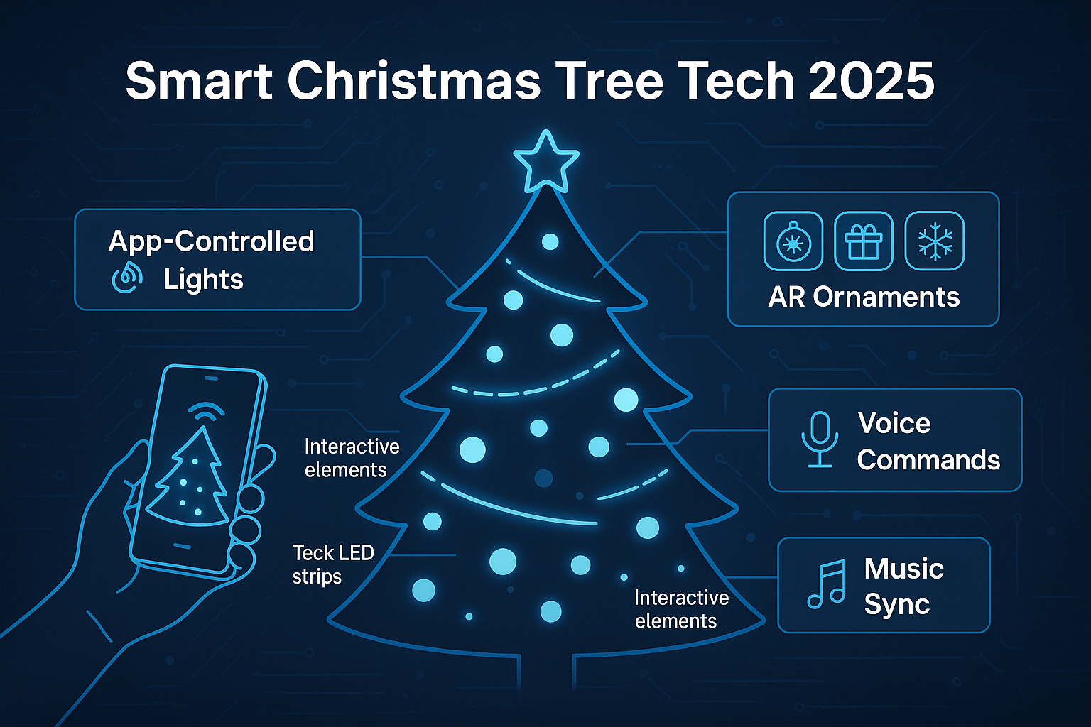 Professional landscape infographic (1536x1024) for section "Smart Technology and Interactive Christmas Trees". Type: Tech Infographic. Dark