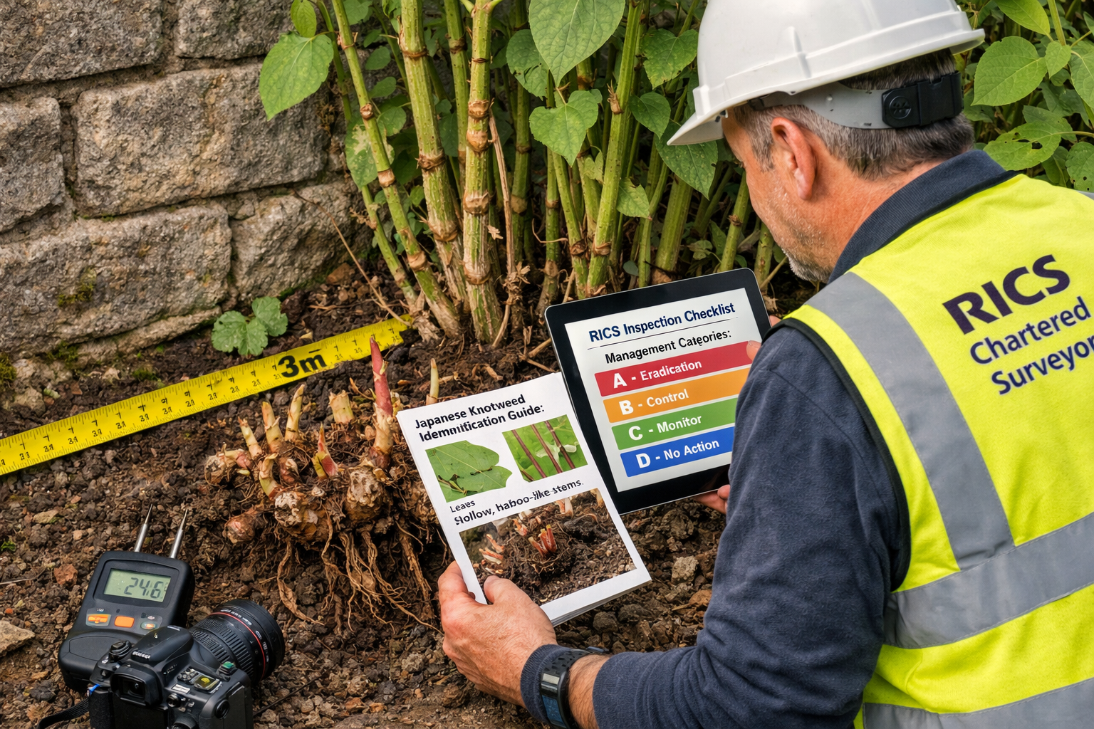 Detailed () image showing professional RICS chartered surveyor in high-visibility vest conducting ground inspection with
