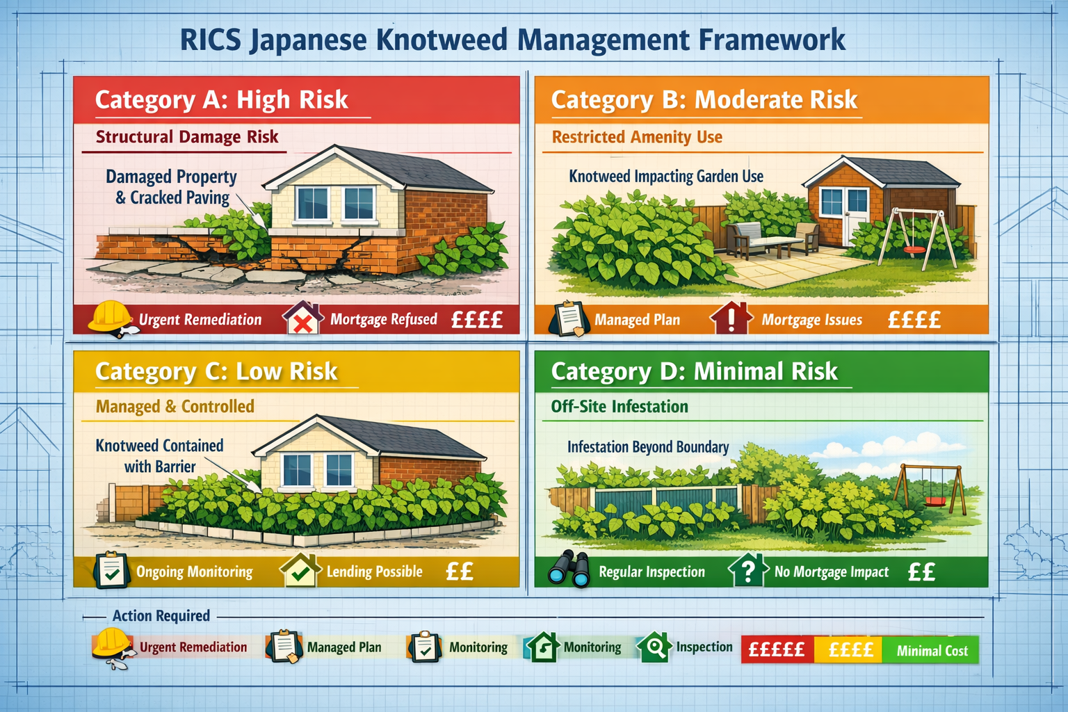 Detailed () infographic illustration displaying RICS Japanese knotweed management categories framework with four distinct