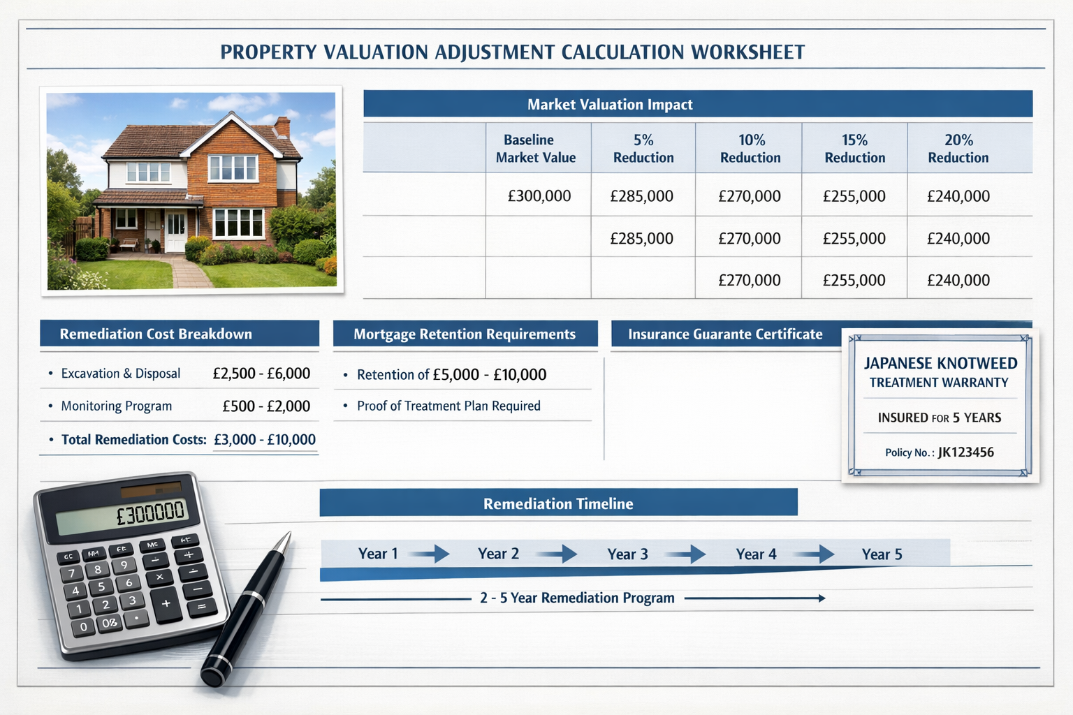 Detailed () visualization showing property valuation adjustment calculation worksheet with residential house photograph,