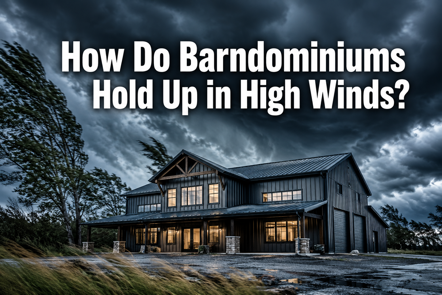 Professional () hero image with : 'How Do Barndominiums Hold Up in High Winds?' in extra large white with dark drop ,