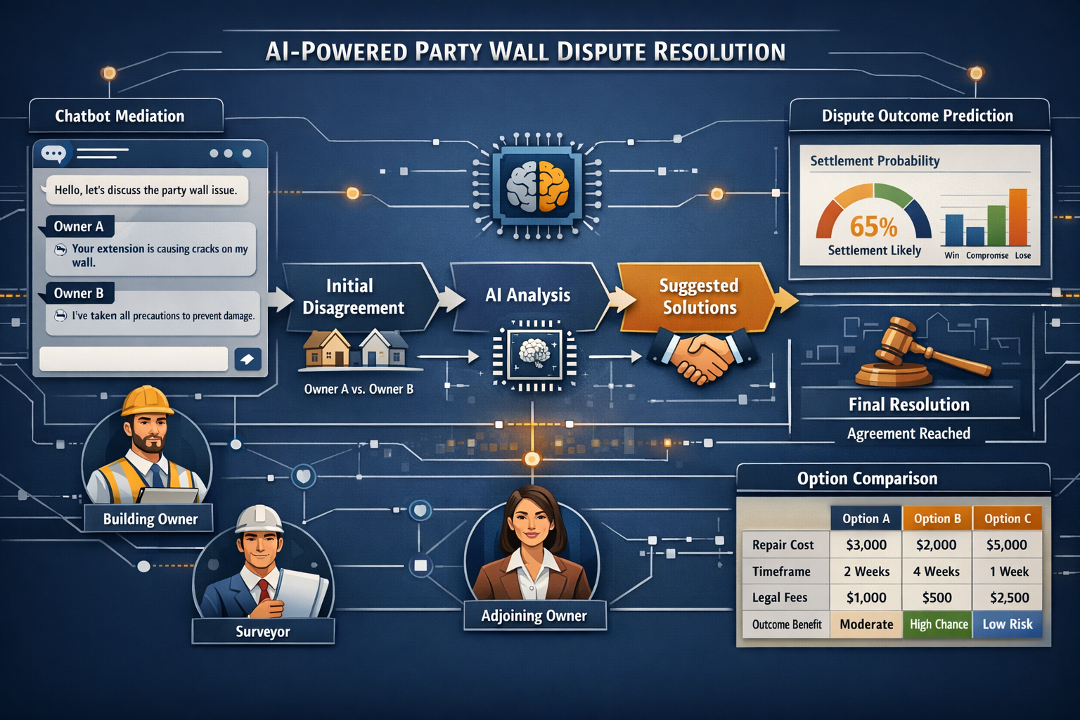 Landscape format (1536x1024) infographic-style visualization showing AI-powered dispute resolution workflow for party wall disagreements. Ce