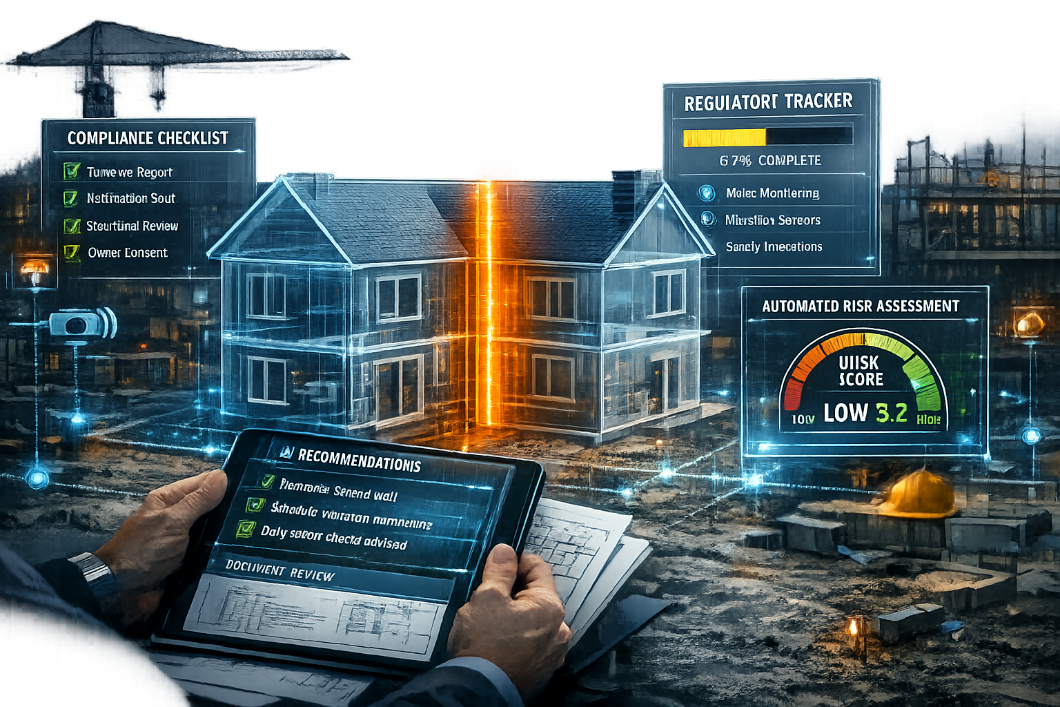 Landscape format (1536x1024) conceptual illustration depicting the future of party wall agreements with AI integration. Shows a transparent