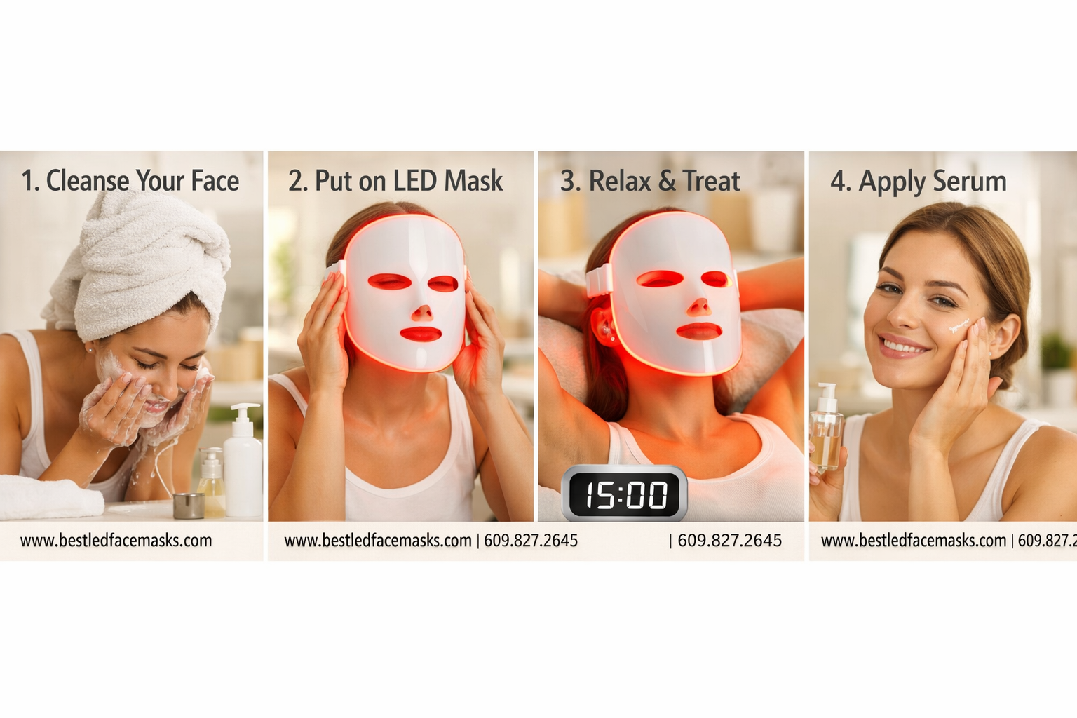 () detailed step-by-step visual guide showing four sequential panels of a red light therapy mask routine: cleansing face,