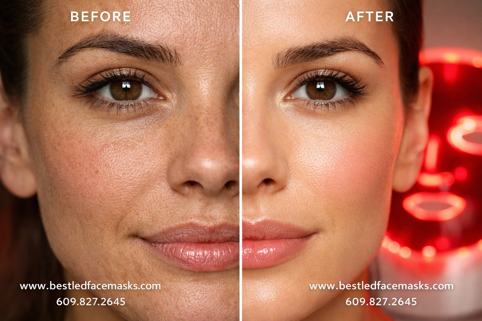 () before and after style editorial image showing radiant healthy skin in close-up macro photography, with a glowing red