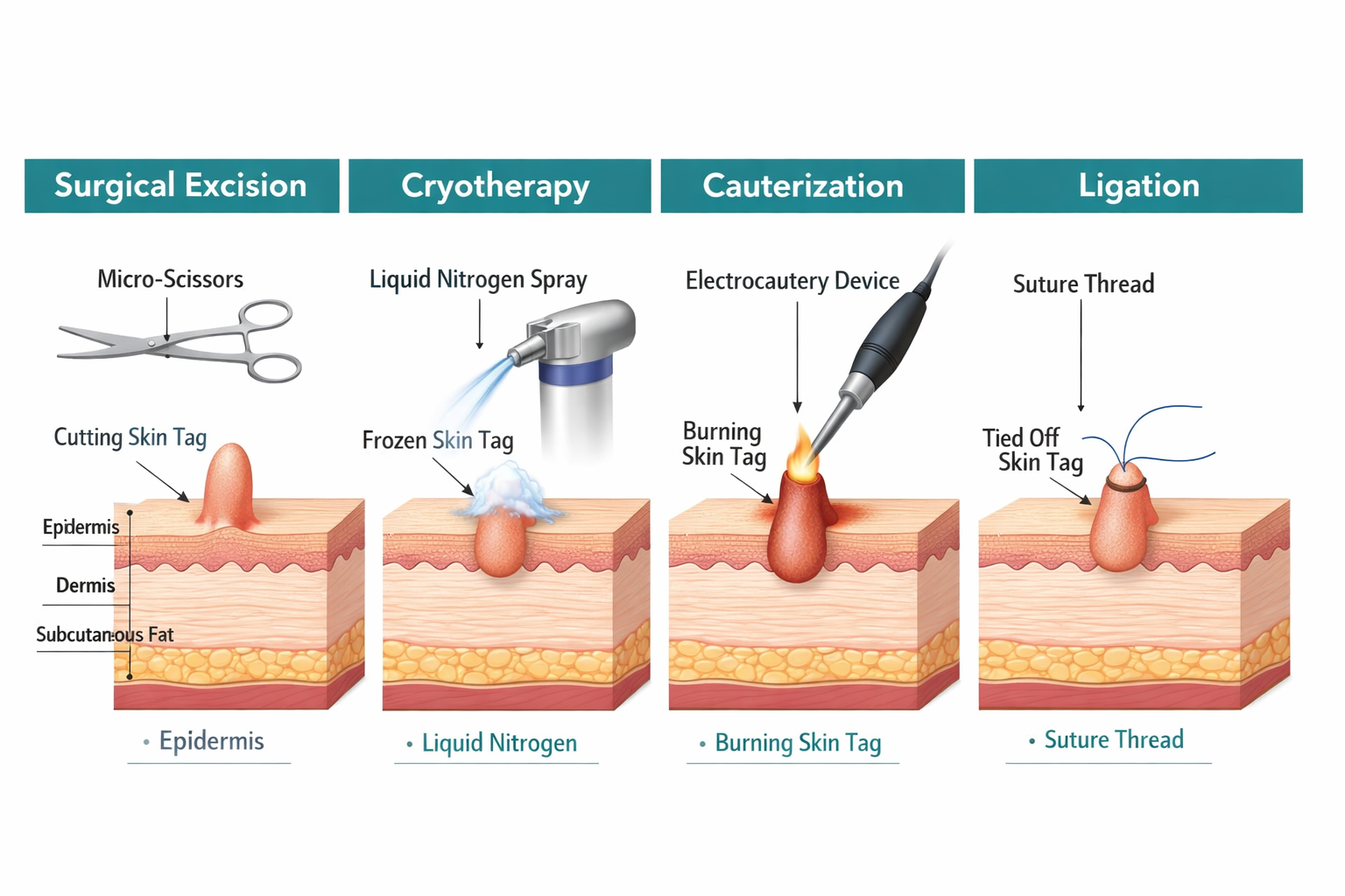 () detailed medical illustration showing four skin tag removal methods side by side: surgical excision with micro-scissors,
