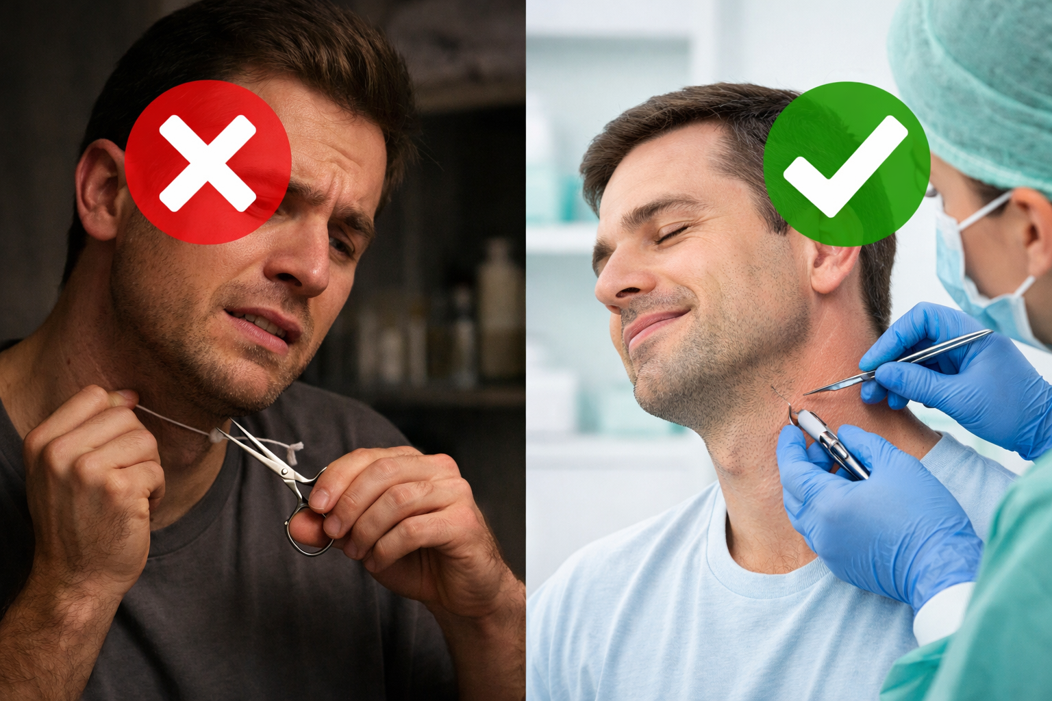 () split-scene image: left side shows a person attempting DIY skin tag removal at home with string and nail scissors, red