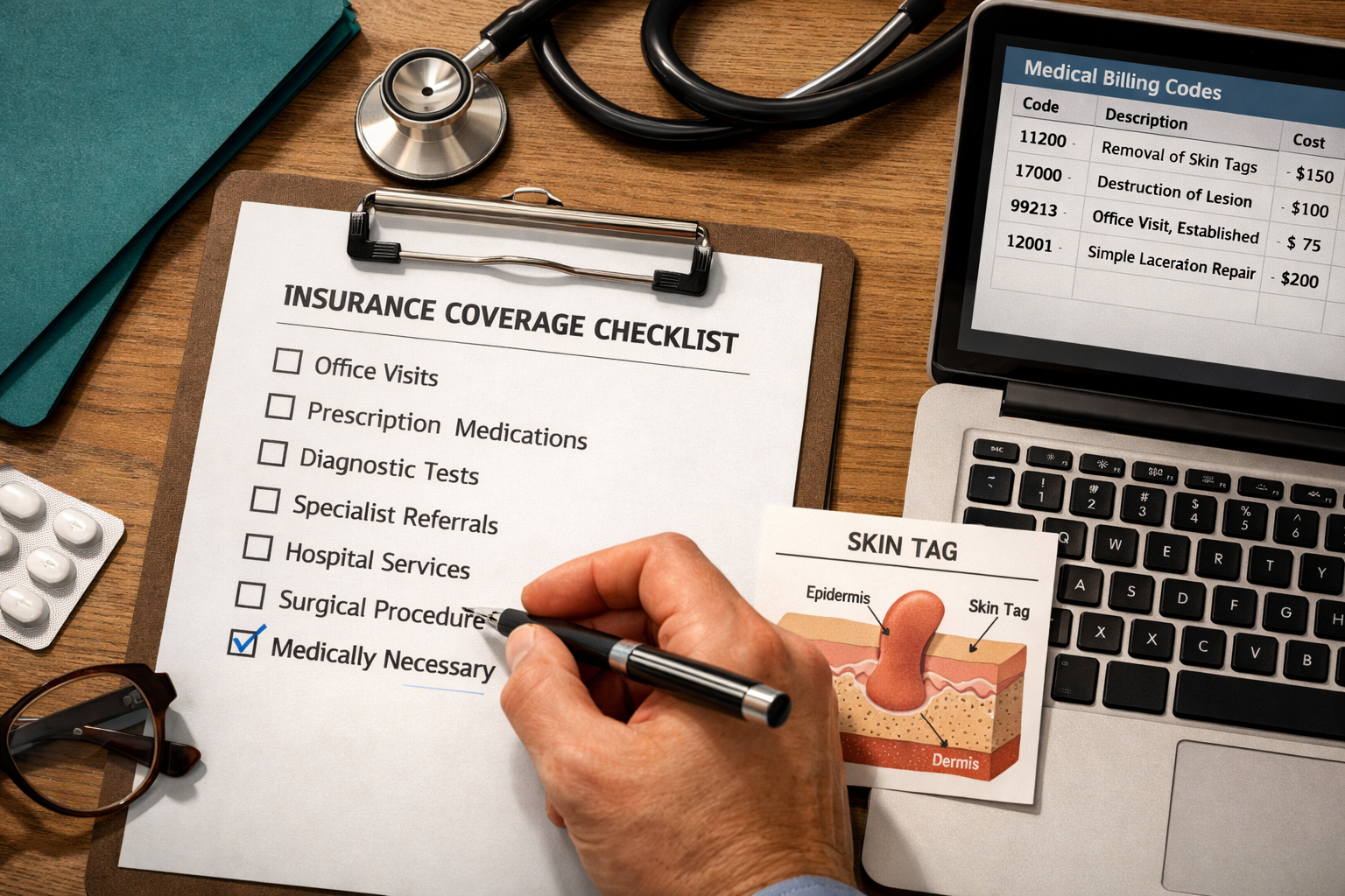 () close-up overhead view of a medical consultation desk with a printed insurance coverage checklist, a stethoscope, a pen
