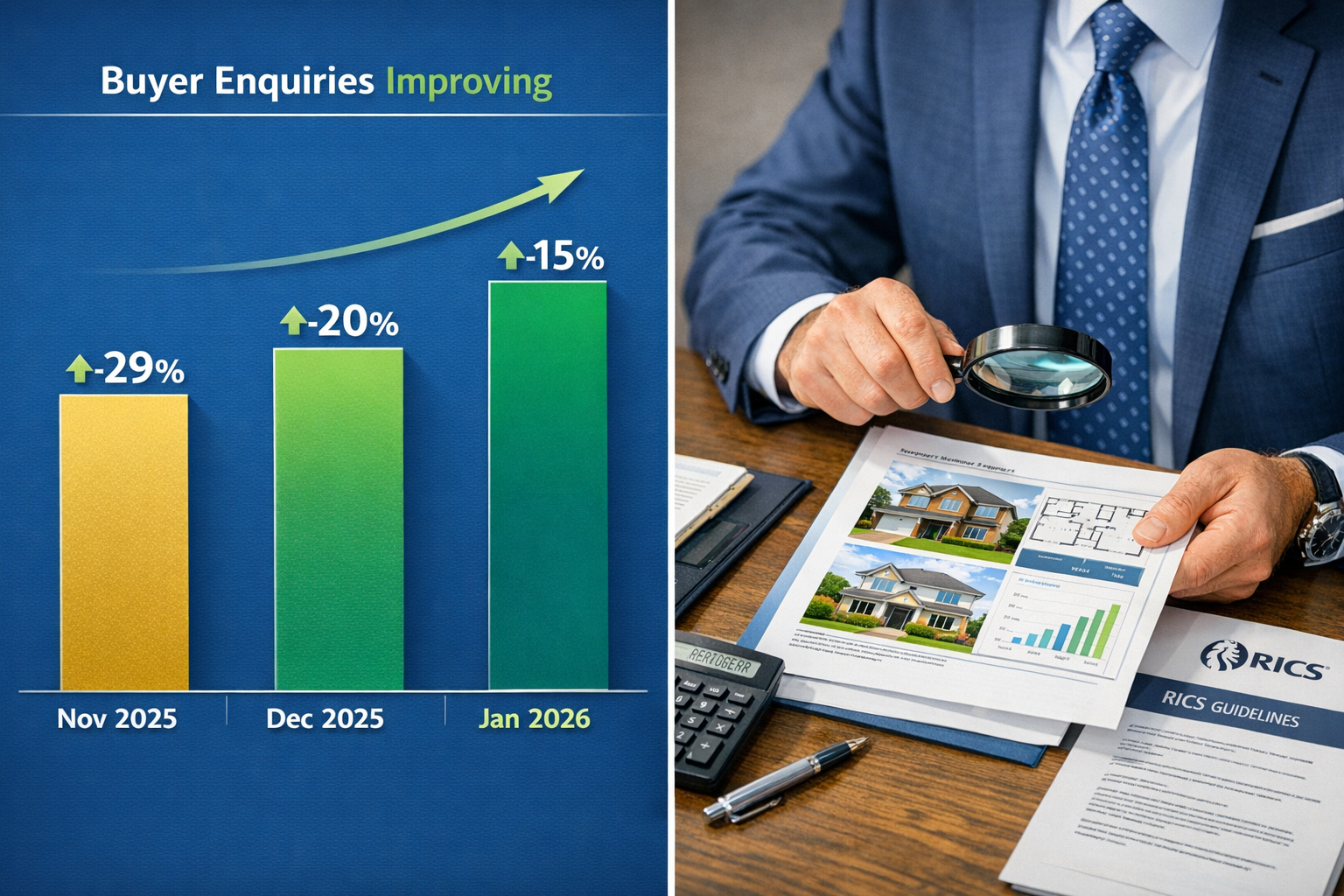 Detailed () image showing split-screen comparison of RICS survey data visualization: left side displays three ascending bar