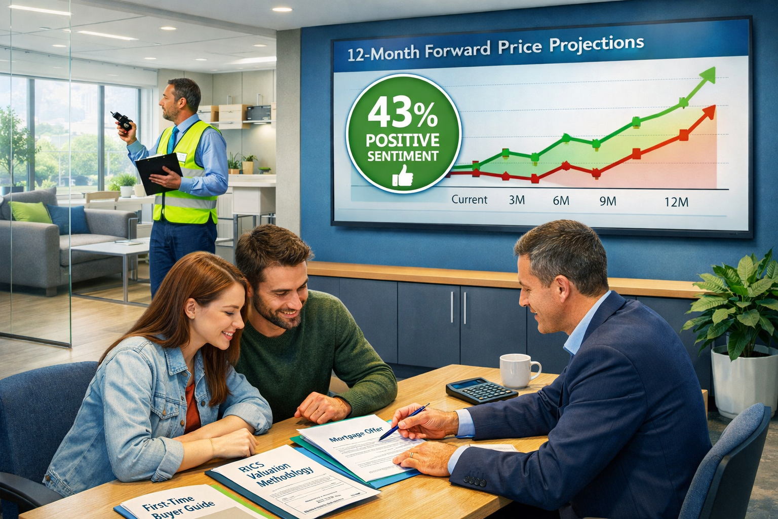 Detailed () image showing modern estate agency office scene with three distinct zones: foreground displays first-time buyer