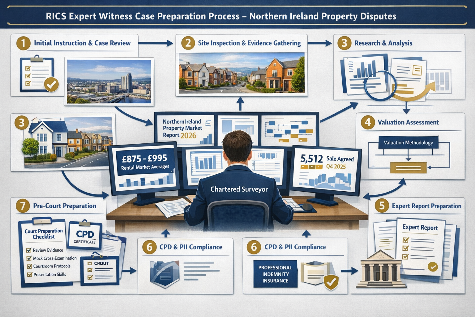 Detailed landscape format (1536x1024) professional workflow diagram showing RICS expert witness case preparation process for Northern Irelan